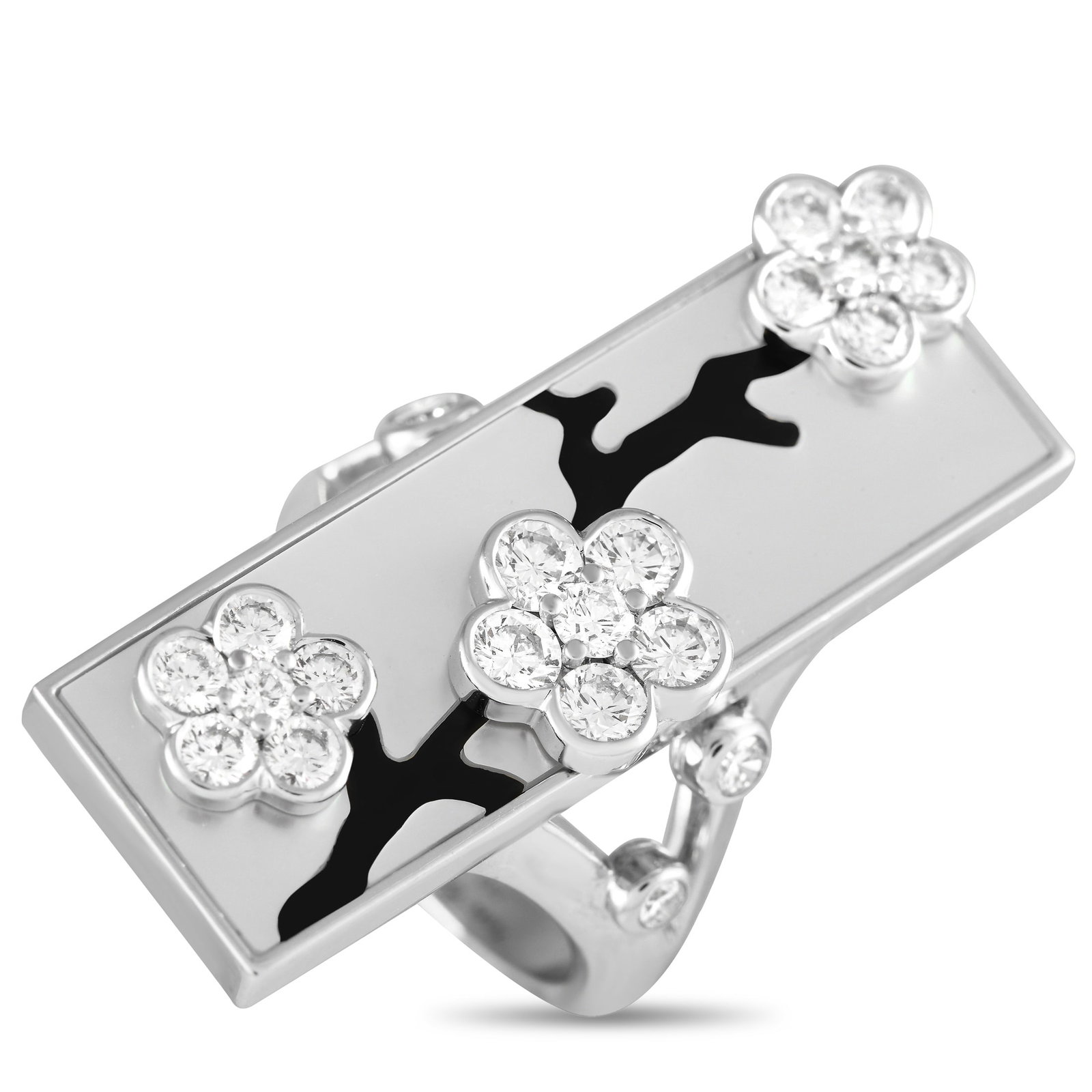 Van Cleef & Arpels Miroir des Eaux 18K White Gold Diamond, Onyx, and Mother of Pearl Ring: From Van Cleef & Arpels’ Miroir des Eaux Collection, here is an extraordinary ring depicting cherry blossoms reflected in water. The white gold band features a split shank, detailed with bezel-set d