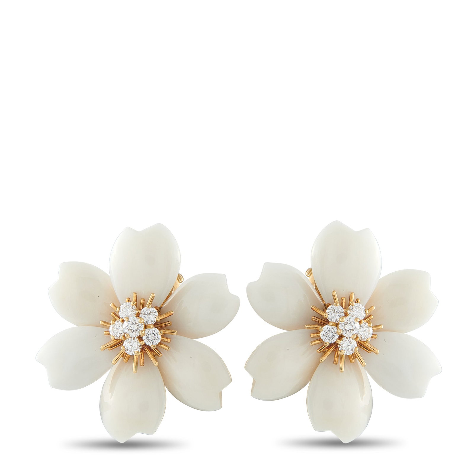 Van Cleef & Arpels Rose de Noel 18K Yellow Gold 0.97ct Diamond and White Coral Earrings: Mimicking the softness of a real bloom, these Rose De Noel earrings are shaped from broad white coral petals set against warm yellow gold. At the center, six diamonds form a compact floral cluster fra