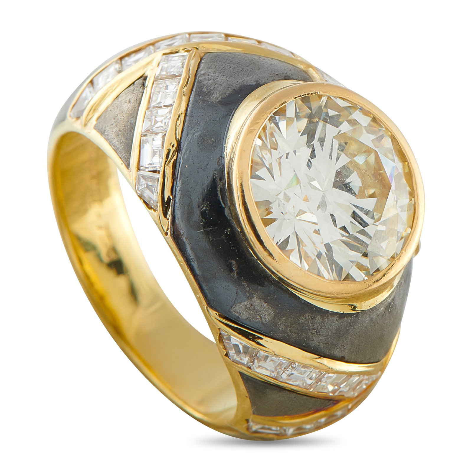Faraone 18K Yellow Gold & Black Enamel 4.72 ct Diamond Ring: This Faraone ring represents the Grand Period of the Victorian era through substantial metalwork. A primary circular-cut diamond, weighing 3.52 ct in K color and VS1 clarity grade, sits within a heavy