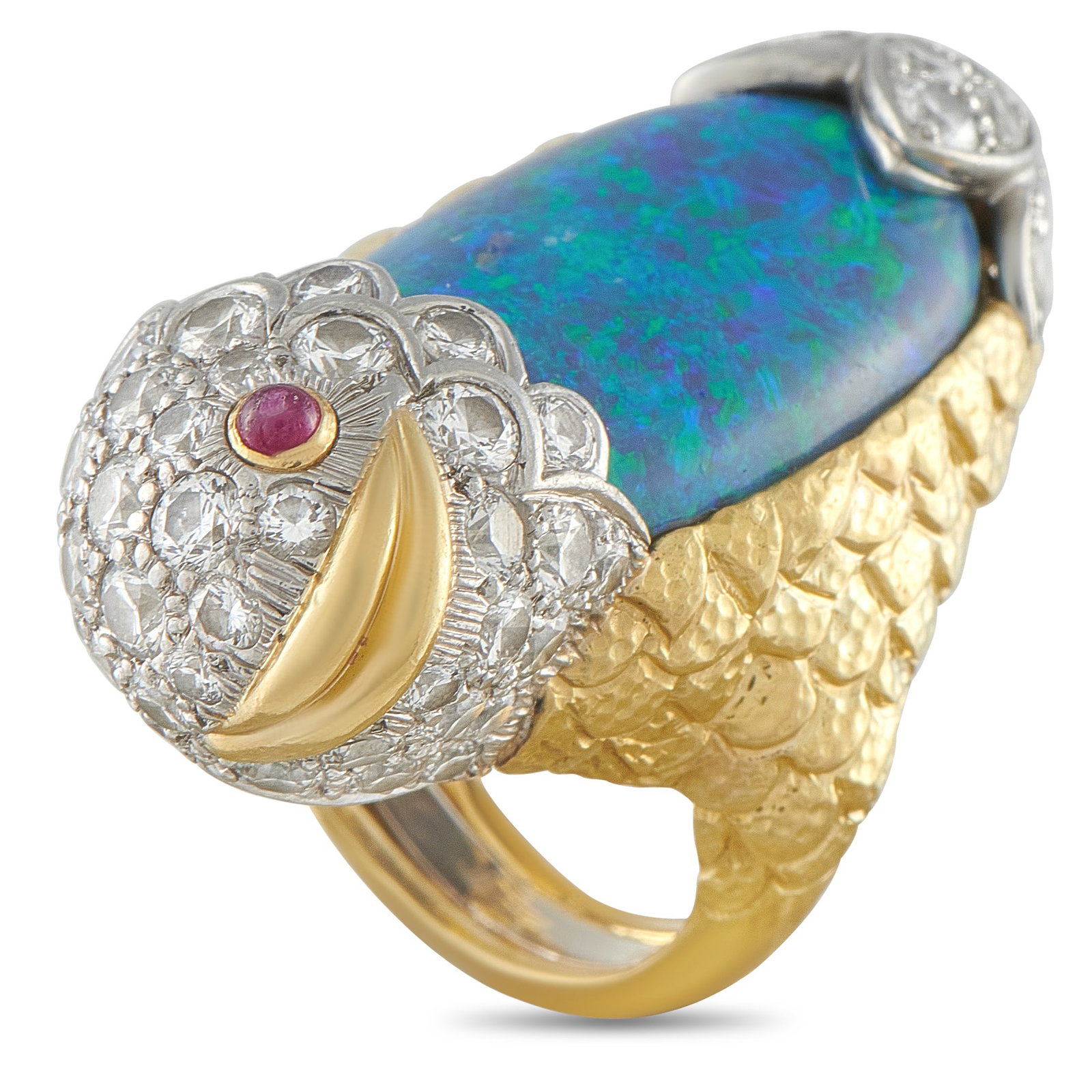 David Webb Vintage 18K Yellow Gold 4.32ct Diamond and Opal Fish Ring: This vintage David Webb ring is opulent, whimsical, and incredibly unique. Meant to resemble a fish, scales cover the sides of the 18K Yellow Gold setting. A fiery 19.0ct blue Opal gives life to the b