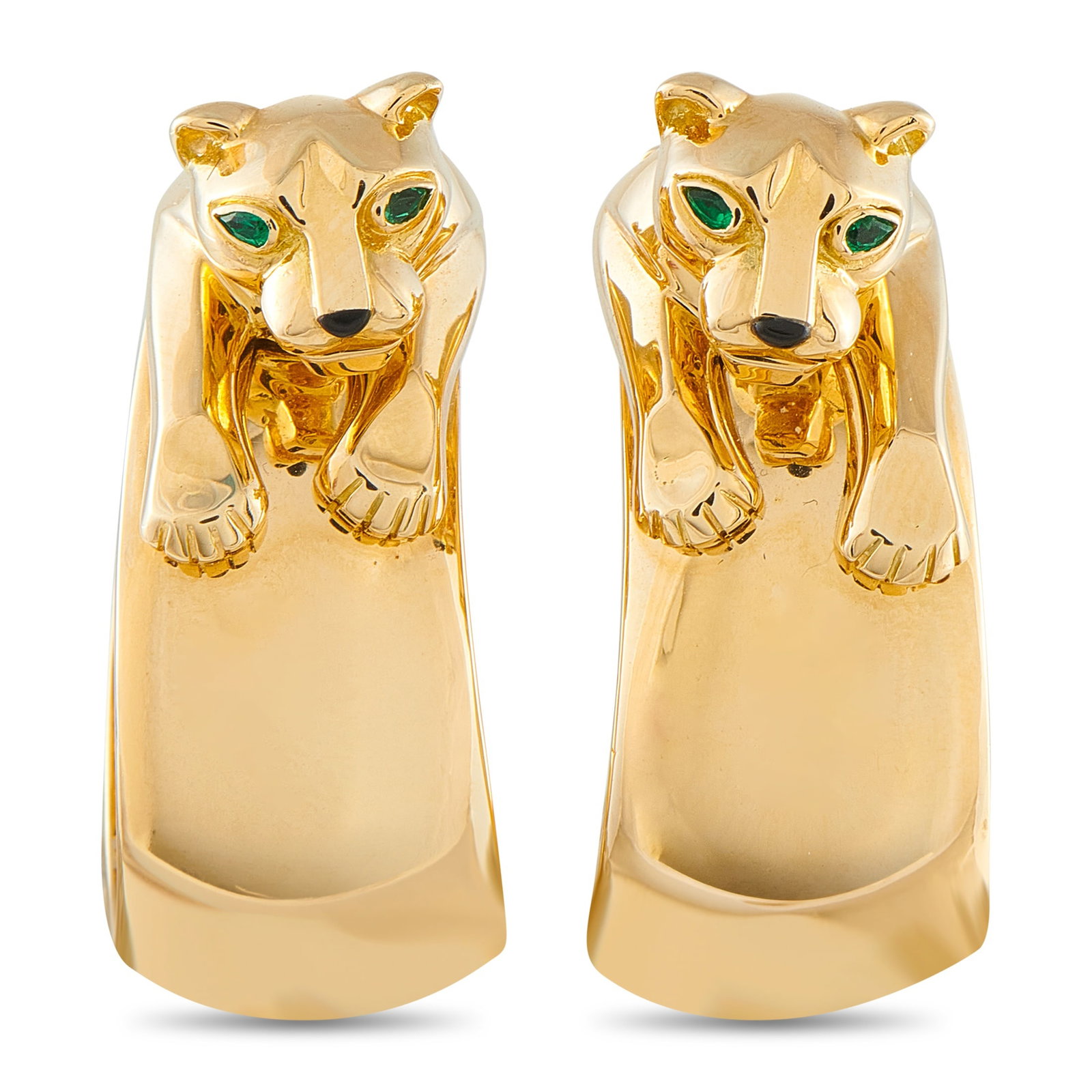 Cartier Panthere 18K Yellow Gold Earrings: The luxury brand’s iconic feline symbol comes to life on these simple, elegant Cartier Panthere earrings. Lustrous 18K Yellow Gold highlights the curved lines and sleek minimalist design. Each earri