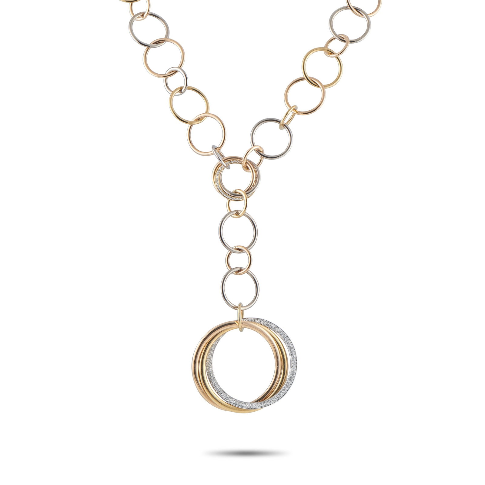 Cartier Trinity Tricolor Diamond Necklace: Circular links crafted from 18K White Gold, 18K Yellow Gold, and 18K Rose Gold make this Cartier Trinity necklace incredibly statement-making. Chic and incredibly impressive, sparkling inset Diamonds 