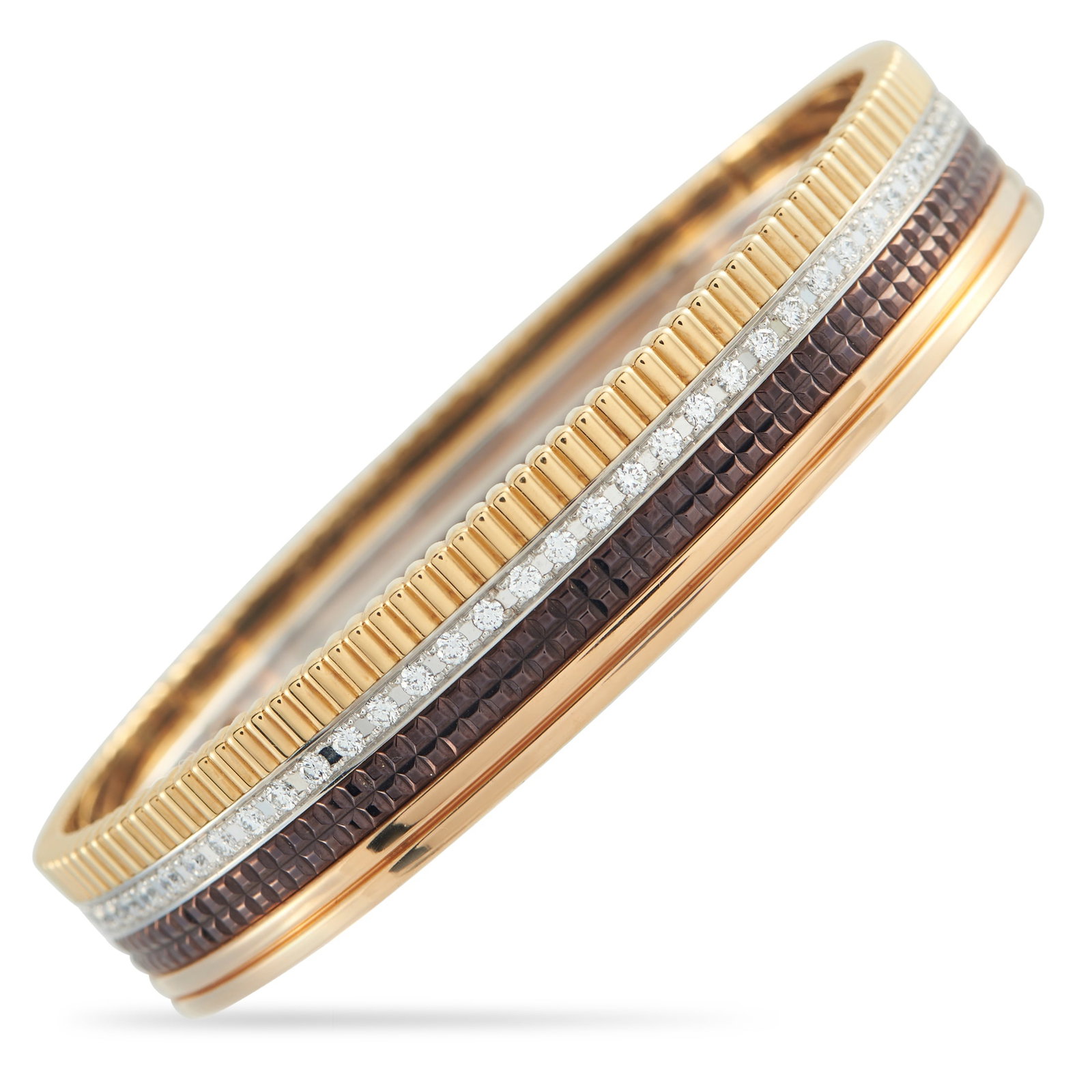 Boucheron Quatre 18K Yellow, Rose, and White Gold 1.48ct Diamond Bracelet: This Boucheron Quatre bracelet is a multidimensional piece that expertly combines colors, textures, and materials. Crafted from a combination of 18K Yellow , White and Rose Gold, as well as brown PVD,