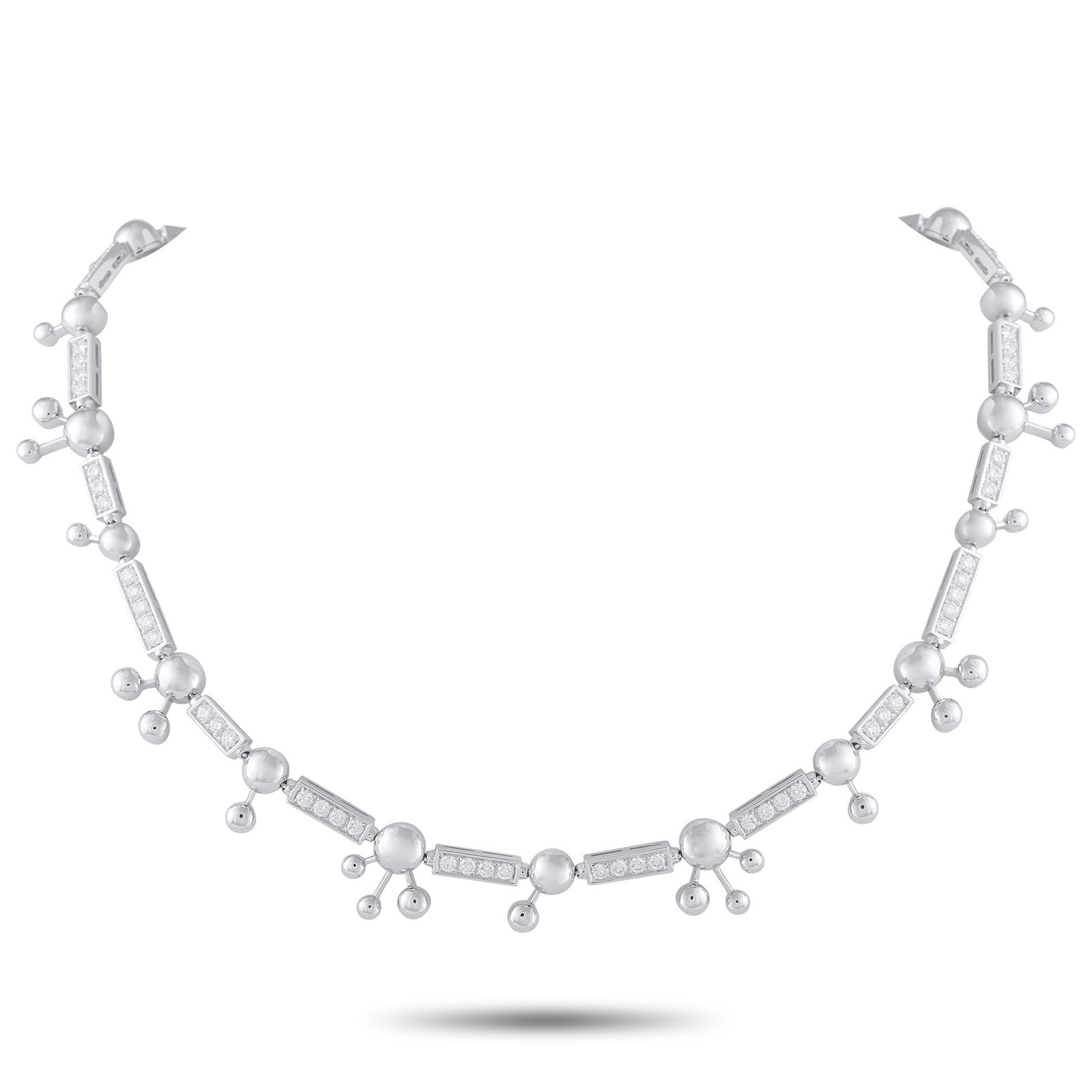 Bvlgari Astrale 18K White Gold 3.25ct Diamond Necklace: Contemporary design elements make this Bvlgari Astrale necklace incredibly chic. Crafted from 18K White Gold, sleek orbs are beautifully balanced by sparkling inset Diamonds totaling 3.25 carats. It m