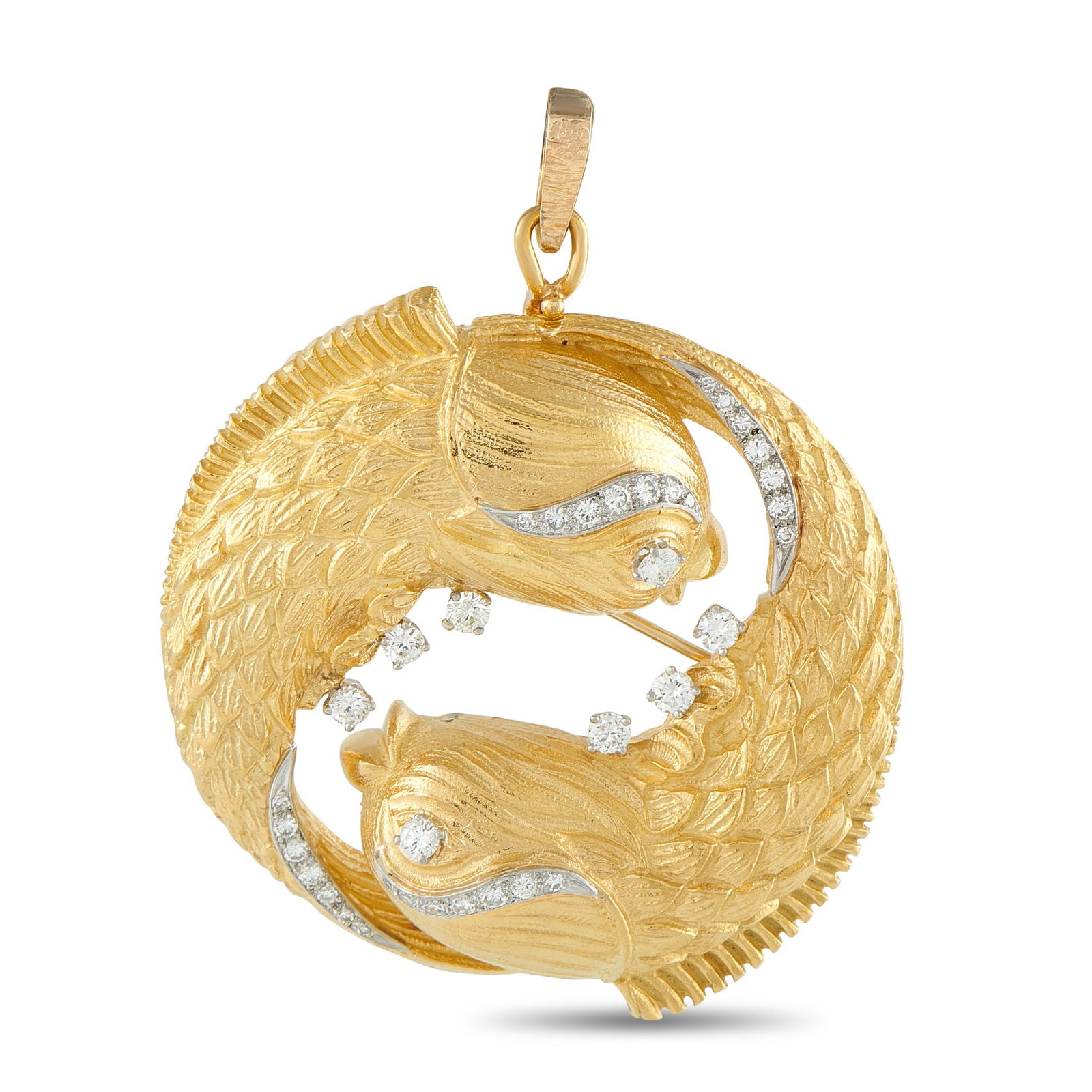 David Webb Vintage 18K Yellow Gold 1.50ct Diamond Fish Pendant: This vintage piece from David Webb can be worn as a brooch or added to a chain and worn as a pendant. Crafted from 18K Yellow Gold, the classical Fish motifs impart old fashioned elegance. Diamonds wi