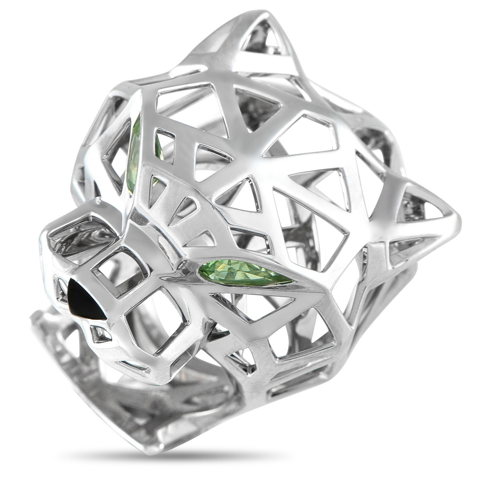 Cartier Panthere 18K White Gold Ring: A graphic, geometric design makes this Cartier Panthere ring simply unforgettable. A contemporary take on the brand’s iconic feline motif, it features a Platinum cage-like form that comes to life th