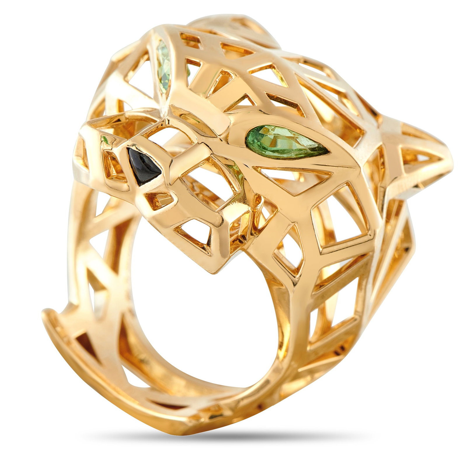 Cartier Panthere 18K Yellow Gold Ring: This Cartier Panthere ring offers obvious elegance. Bold and incredibly impressive, the luxury brand’s symbolic animal is elevated by the 18K Yellow Gold openwork setting. A 10mm wide band and a 15m