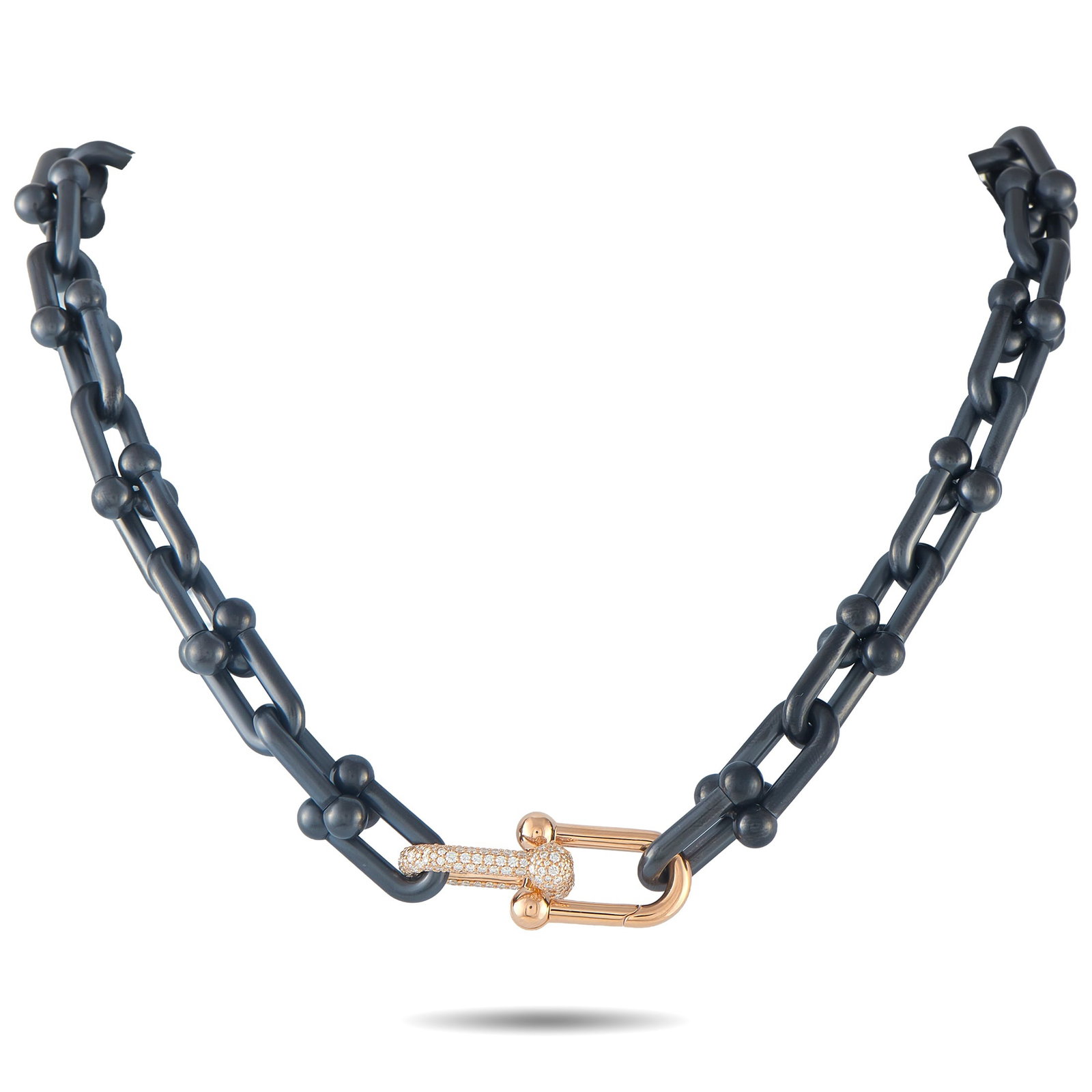 Tiffany & CO. HardWear Titanium and 18K Rose Gold 1.60ct Diamond Link Limited Edition Necklace: Part industrial hardware, part high jewelry. This unconventional piece from Tiffany & Co.’s HardWear collection replaces traditional precious-metal softness with black titanium links, interrupted by