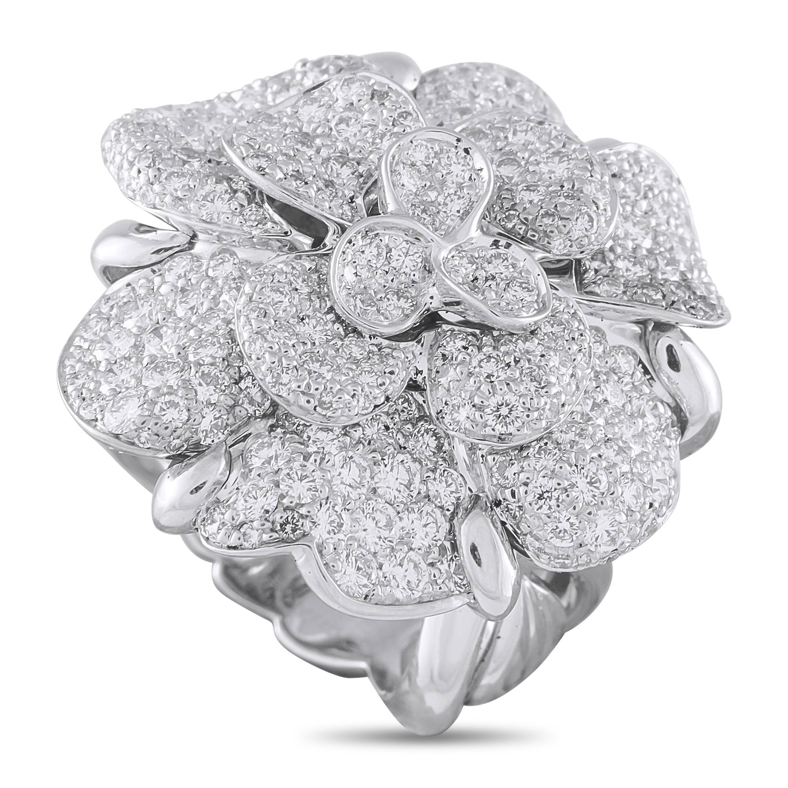 Chanel Camelia 18K White Gold 3.45ct Diamond Ring: The brand’s signature floral motif takes center stage on this Chanel Camelia ring. Incredibly eye-catching, Diamonds with a total weight of 3.45 carats cover the top of the detailed 18K White Gold s