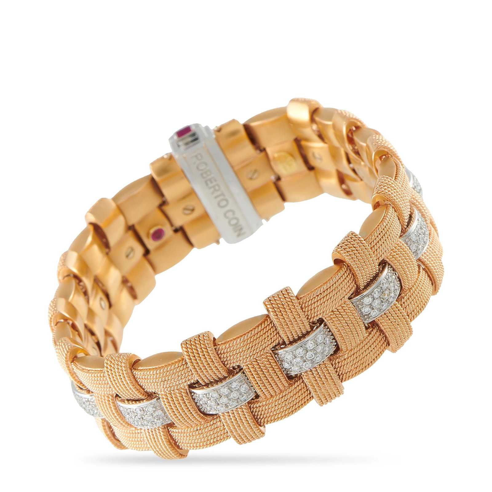 Roberto Coin Appassionata 18K Rose Gold 2.0ct Diamond Woven Bracelet: An intricate basketweave design makes this Roberto Coin Appassionata bracelet simply unforgettable. At the center of the textured 18K Rose Gold setting, Diamonds with a total weight of 2.0 carats make