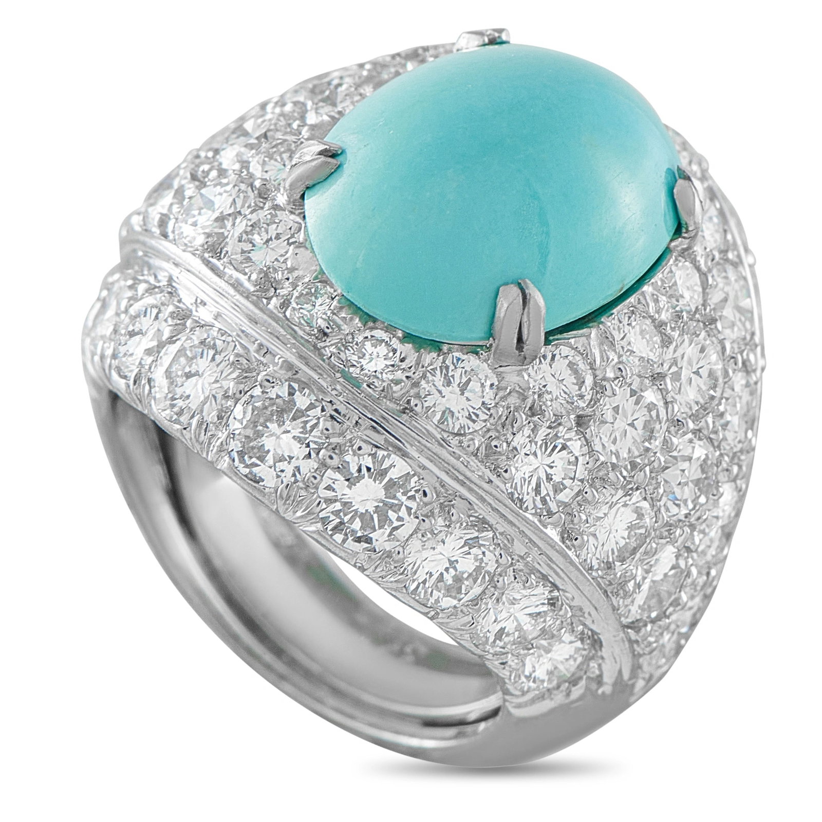 David Webb Platinum 5.56ct Diamond Turquoise Ring: This estate David Webb ring is crafted in platinum and set with a cabochon turquoise stone framed by pave round brilliant diamonds totaling approximately 5.56 carats. The bombe design features a cross