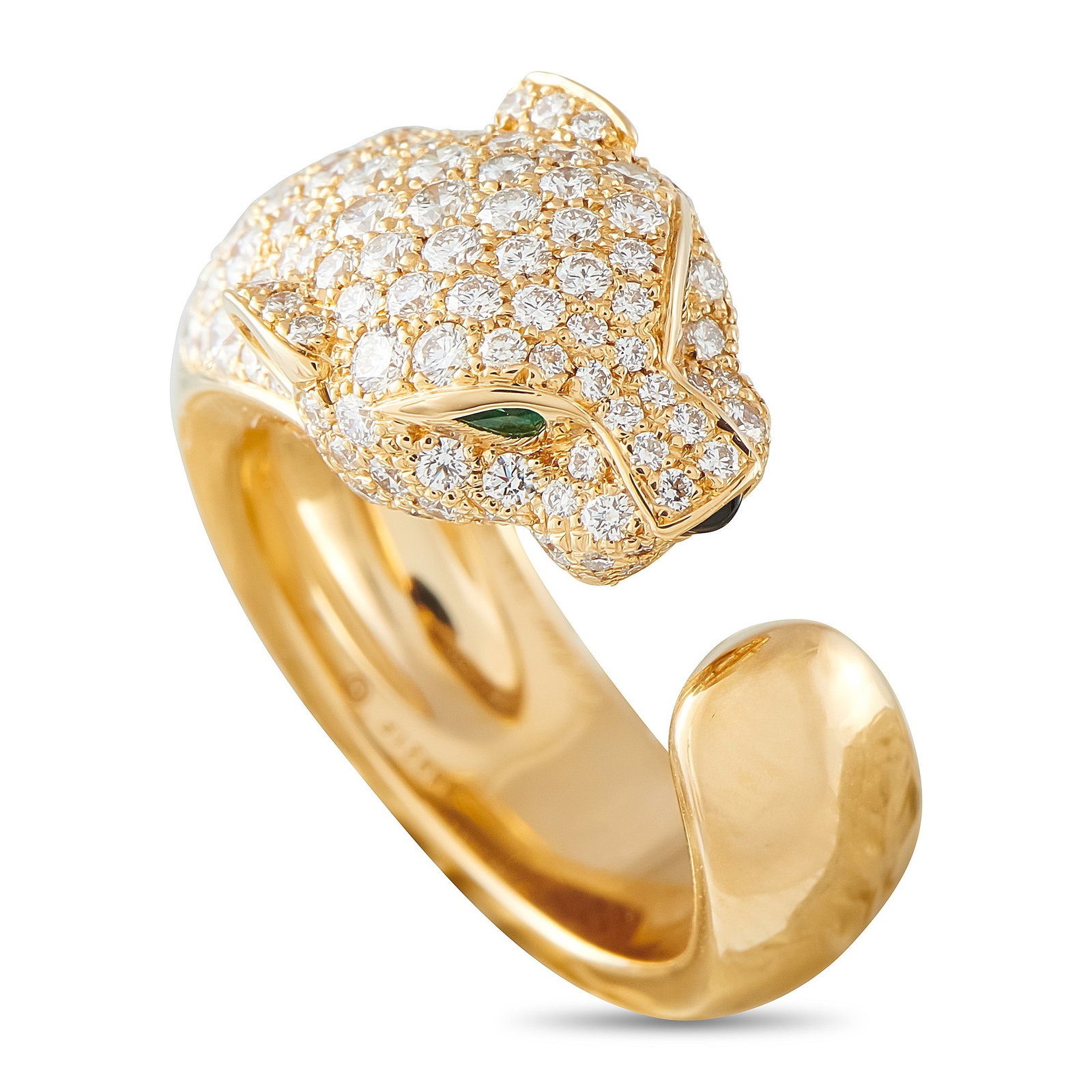 Cartier Panthere 18K Yellow Gold 1.15ct Diamond Ring: The luxury brand’s iconic panther makes a statement on this exquisite Cartier Panthere ring. An alluring symbol of strength, this piece’s 18K Yellow Gold setting beautifully showcases sparkling Di