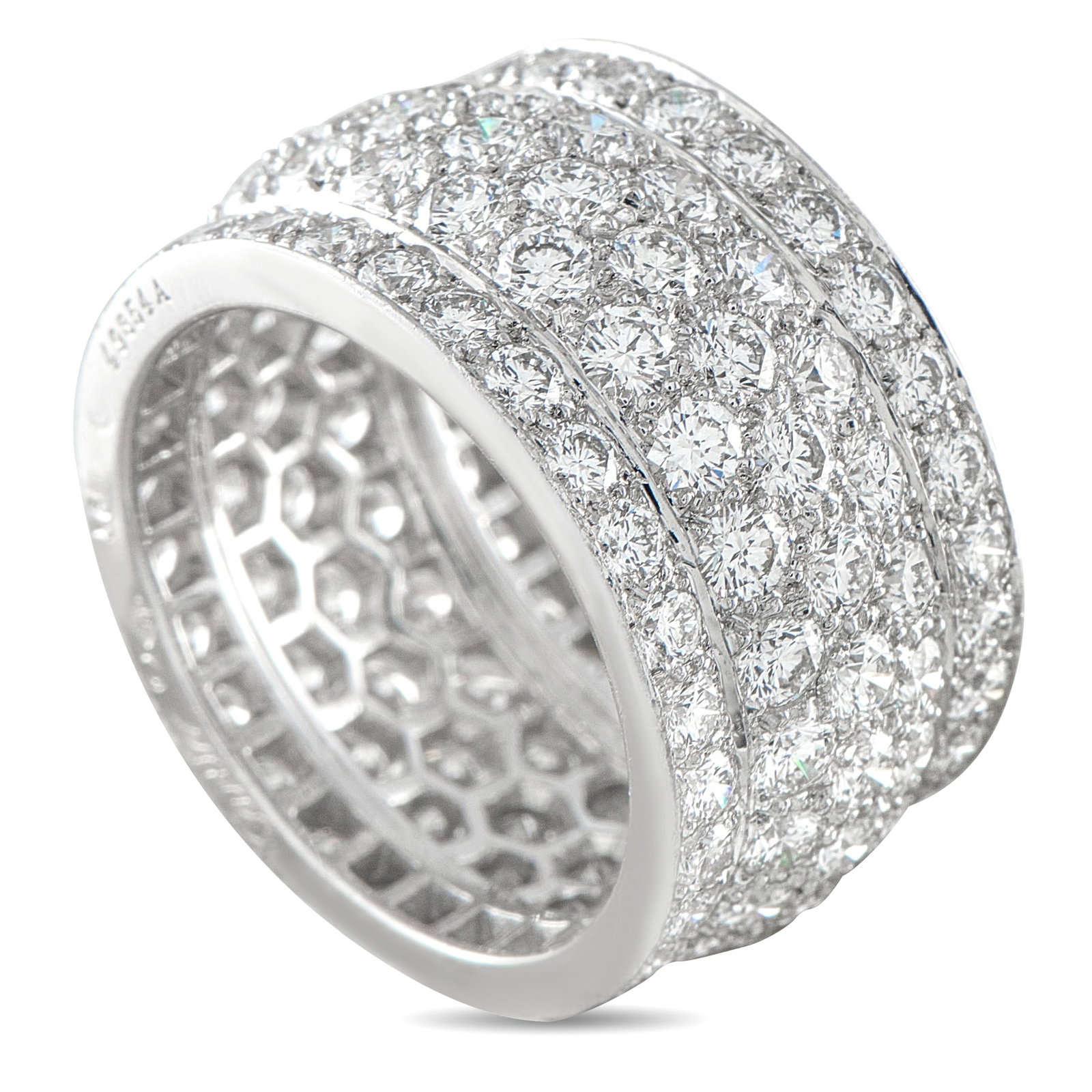 Cartier Nigeria 18K White Gold 5.50ct Diamond Ring: Diamonds with a total weight of 5.50 carats cover the entirety of this Cartier Nigeria ring. Bold and incredibly impressive, it’s crafted from 18K White Gold and measures 12mm wide. A 3mm top height