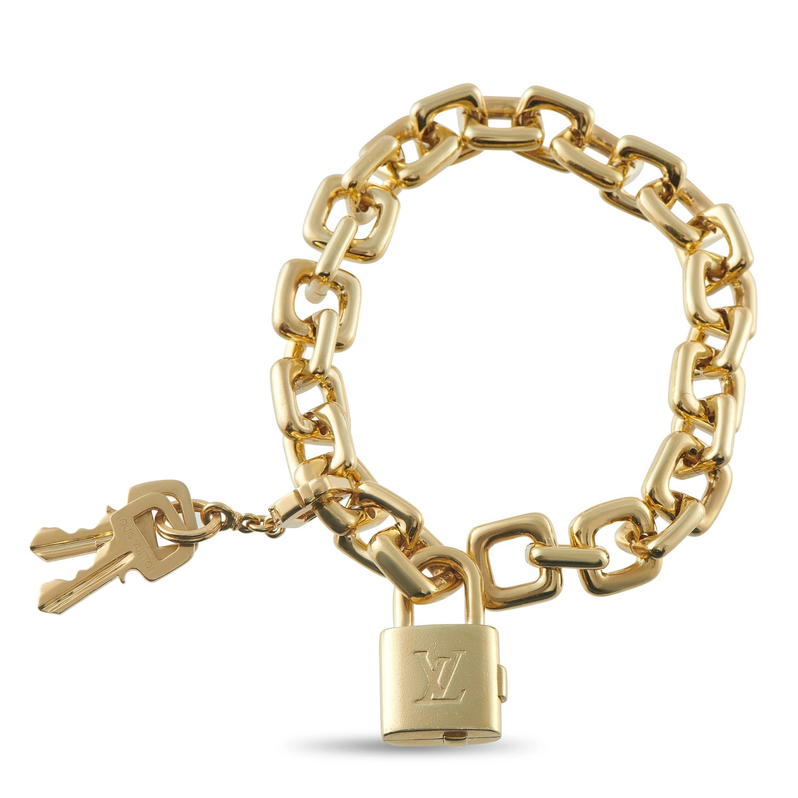 Louis Vuitton 18K Yellow Gold Lock Bracelet: This Louis Vuitton bracelet showcases one of the brand’s most iconic motifs. Suspended from a 6.5” chain, a monogrammed padlock and set of dainty keys provide this piece with plenty of movemen