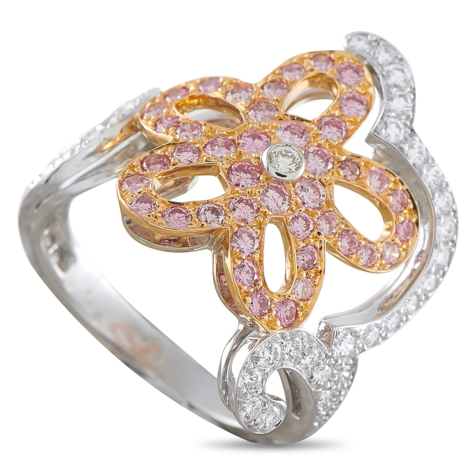 Van Cleef & Arpels 18K White Gold Pink and White Diamond Ring: A stylish two-toned design makes this Van Cleef & Arpels ring simply unforgettable. The delicate floral motif is elevated by Pink Diamonds, while White Diamonds accent the surrounding design. The deli