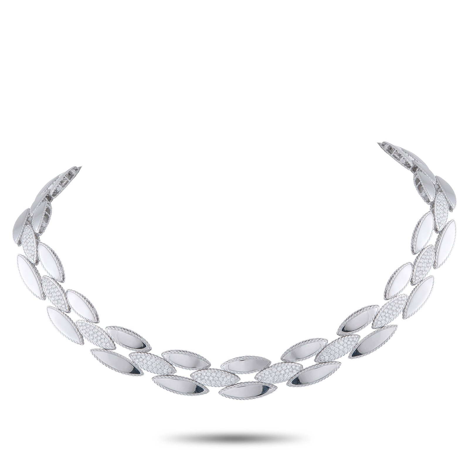 Roberto Coin 18K White Gold 2.50ct Diamond Choker Necklace: Sleek 18K White Gold links with textured edges come together to create this striking Roberto Coin choker necklace. On the central links, inset Diamonds with a total weight of 2.50 carats add an additi