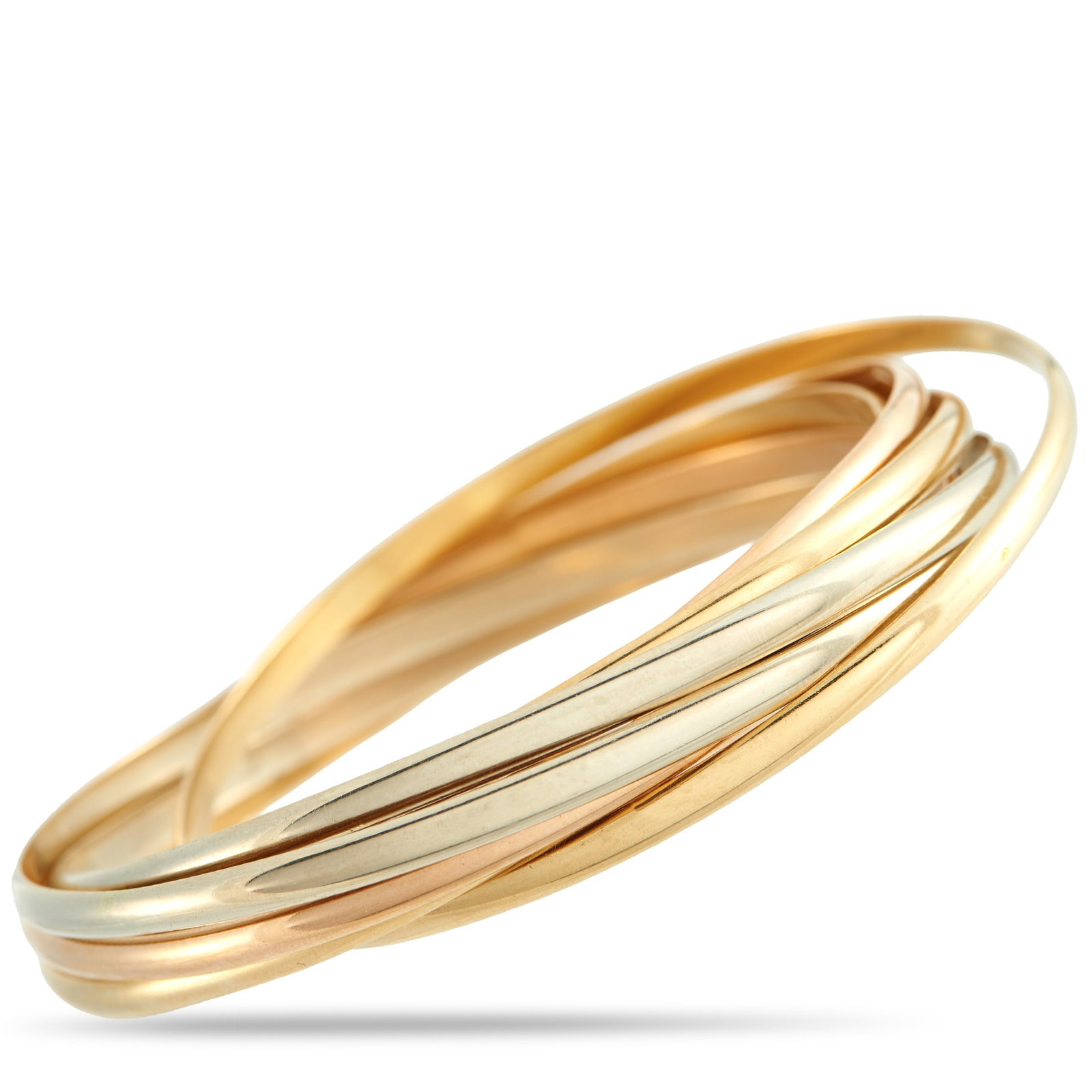 Cartier Vintage Trinity 18K Rose, White and Yellow Gold 7-Band: Seven interlocking rings combine to create this Cartier Vintage Trinity bangle bracelet. A piece that is full of life and full of movement, a combination of 18K Yellow Gold, 18K Rose Gold, and 18K Whi