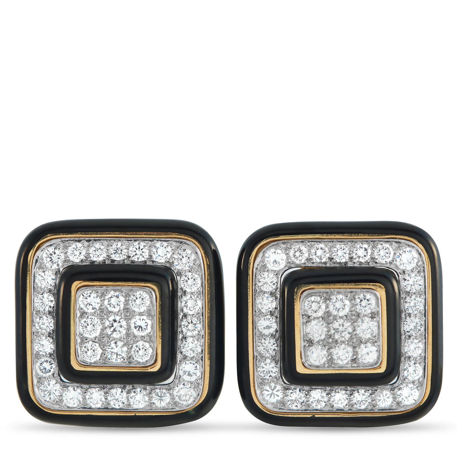 David Webb Platinum and 18K Yellow Gold 3.30ct Diamond and Enamel Square Earrings: Diamonds, black enamel, and yellow gold form a natural alliance in this pair of clip-ons from David Webb. The brightness of the diamonds gains precision when set in platinum, while yellow gold brings 