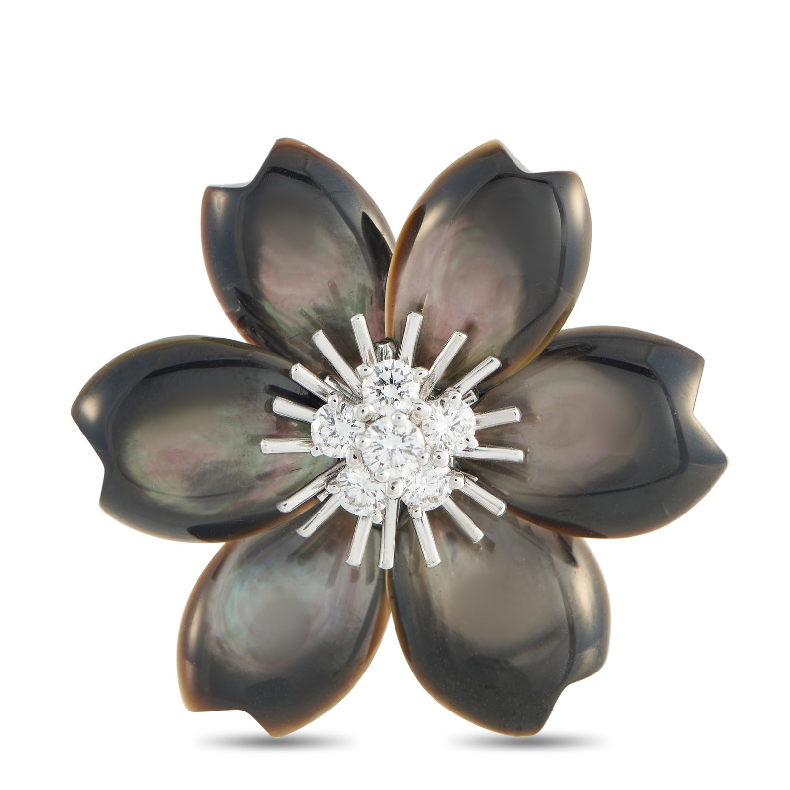 Van Cleef & Arpels Rose de Noel 18K White Gold 0.48ct Diamond and Mother of Pearl Brooch: This Van Cleef & Arpels Rose de Noel brooch is designed to resemble a Christmas rose – a flower that exclusively blooms in the middle of winter. A symbol of hope, beauty, and resilience, it features