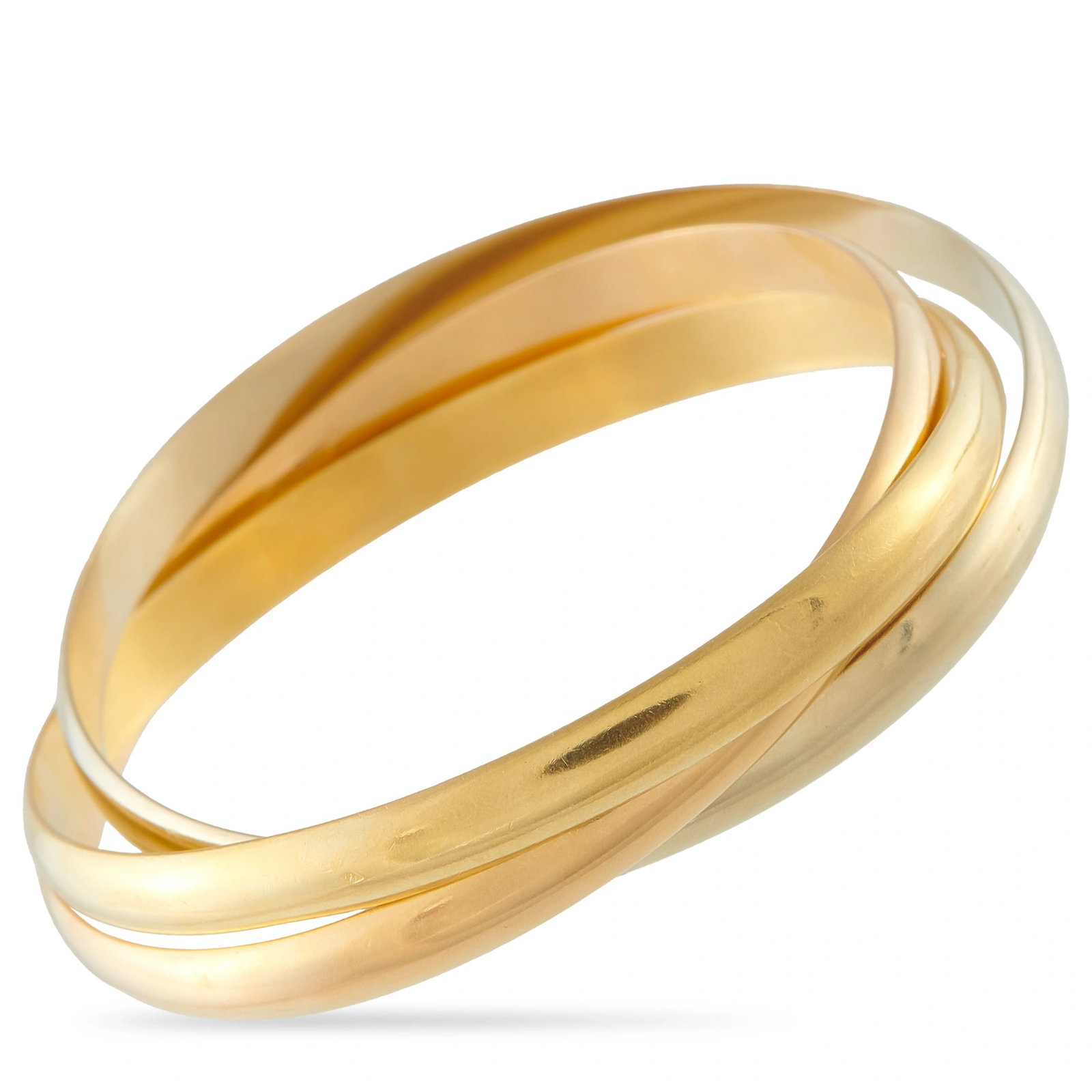 Cartier Trinity 18K Rose, White, and Yellow Gold Bangle: This sleek, sophisticated Cartier Trinity bangle bracelet is a piece that will never go out of style. A trio of bands crafted from 18K Yellow Gold, 18K White Gold, and 18K Rose Gold combine to create 