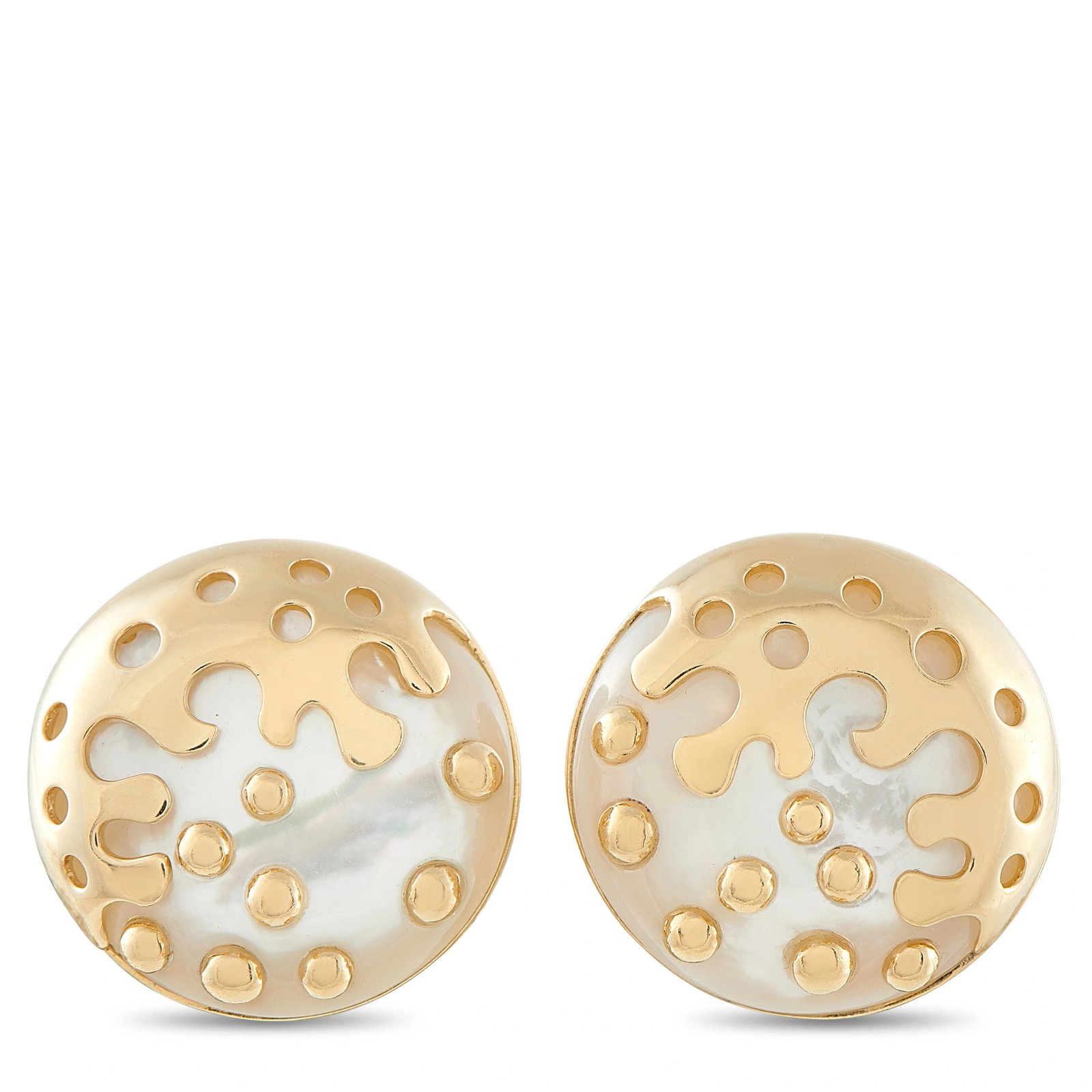 Bvlgari 18K Yellow Gold Mother of Pearl Earrings: These vintage Bvlgari clip earrings are crafted in 18K yellow gold, each designed as a round polished disc with an abstract cutout pattern of gold droplets and dots set over a mother of pearl backing.