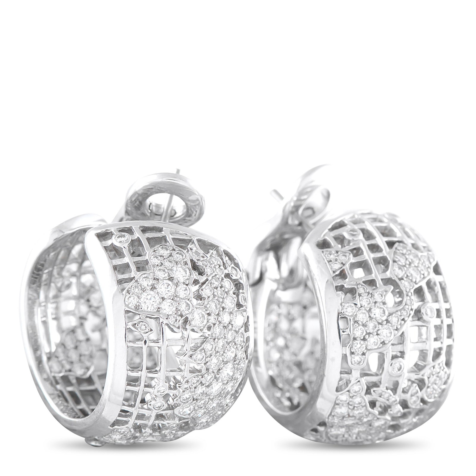 Chanel 18K White Gold 2.0ct Diamond Earrings: These Chanel earrings will continually impress. The rounded 18K White Gold settings include a delicate lattice pattern, organic motifs, and sparkling Diamonds totaling 2.0 carats. Each earring measure
