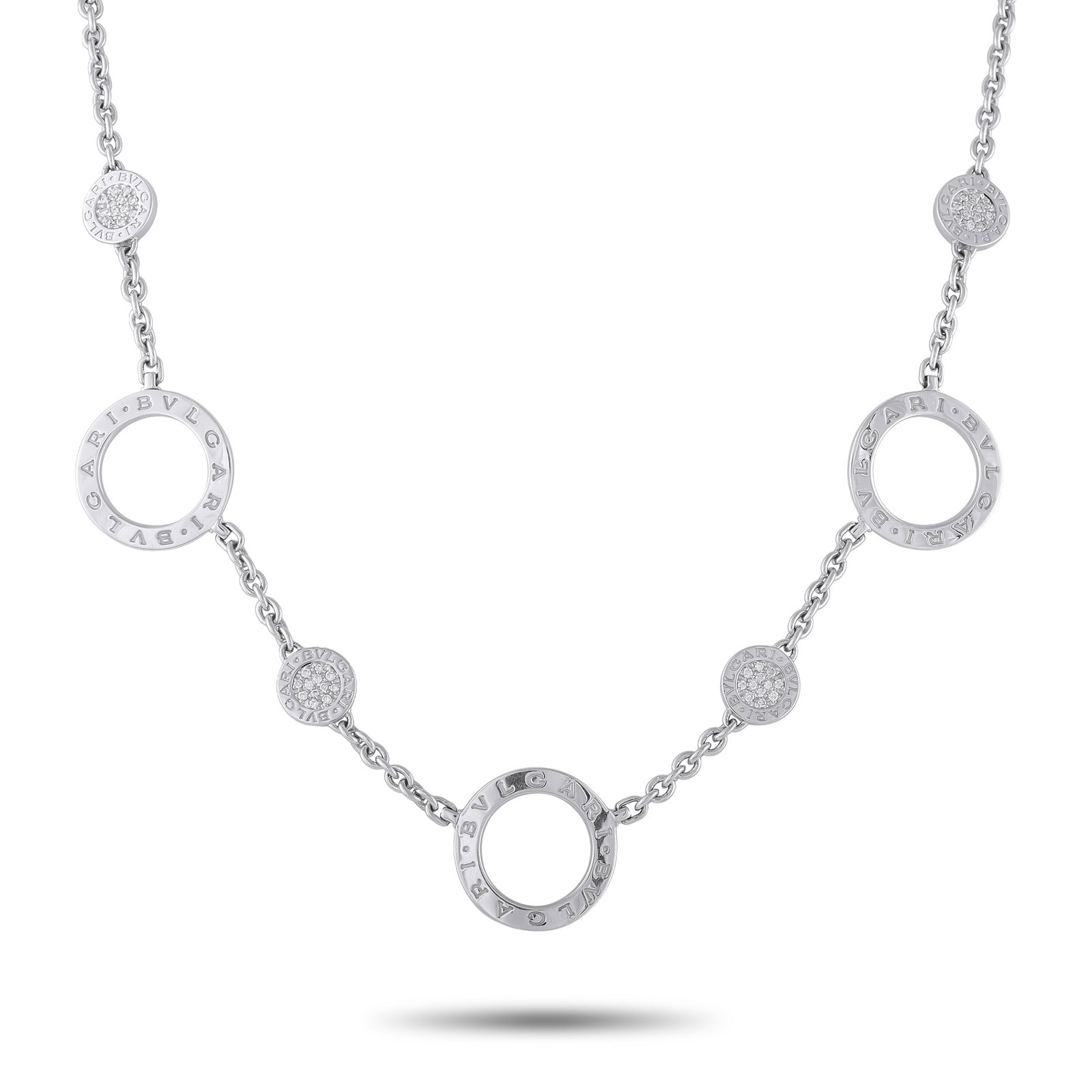 Bvlgari 18K White Gold Diamond Necklace: This Bvlgari Bvlgari necklace exudes timeless luxury. Circular accents are elevated by the brand name around the perimeter. Sparkling inset Diamonds provide additional elegance. Crafted from 18K White