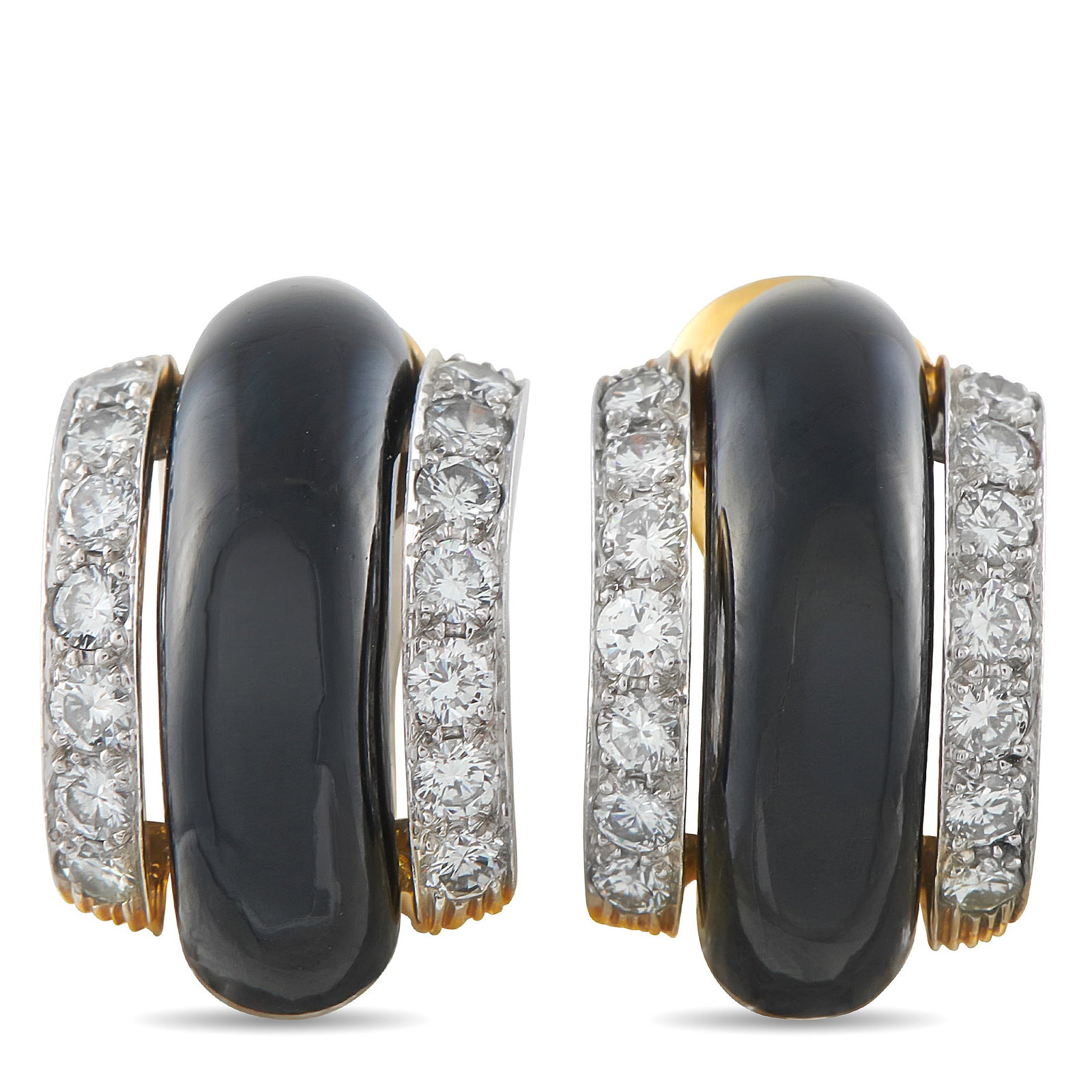 David Webb 18K Yellow Gold 1.68ct Diamond and Onyx Clip: These David Webb earrings offer timeless sophistication. Onyx accents make a statement at the center, while Diamonds with a total weight of 1.68 carats effortlessly catch the light. Set in 18K Yellow 