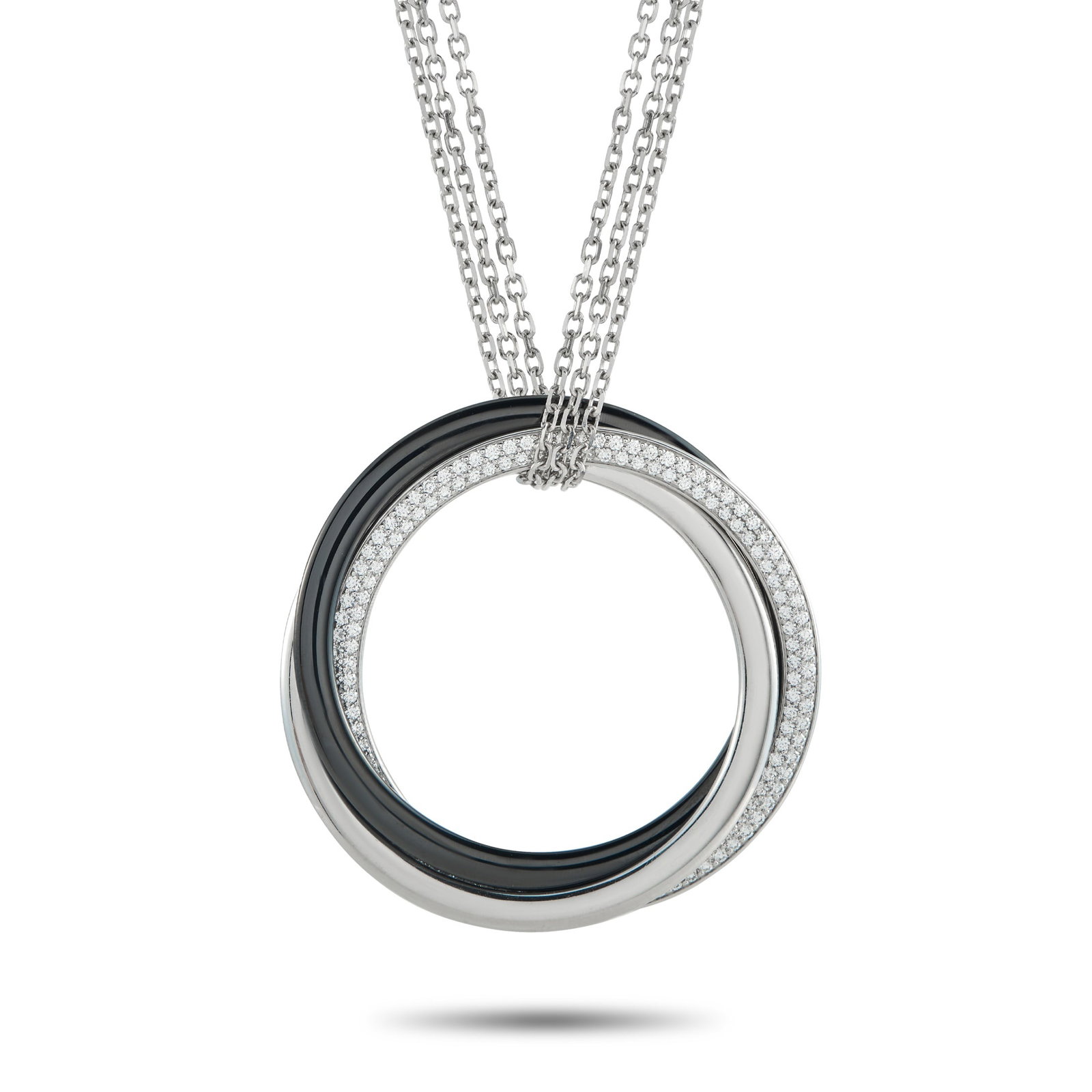 Cartier Trinity 18K White Gold 0.82ct Diamond and Ceramic Necklace: Contrasting colors and textures give this Cartier Trinity necklace a dynamic sense of style. The circular pendant features intertwining bands of polished 18K White Gold, black Ceramic, and pave Diamon