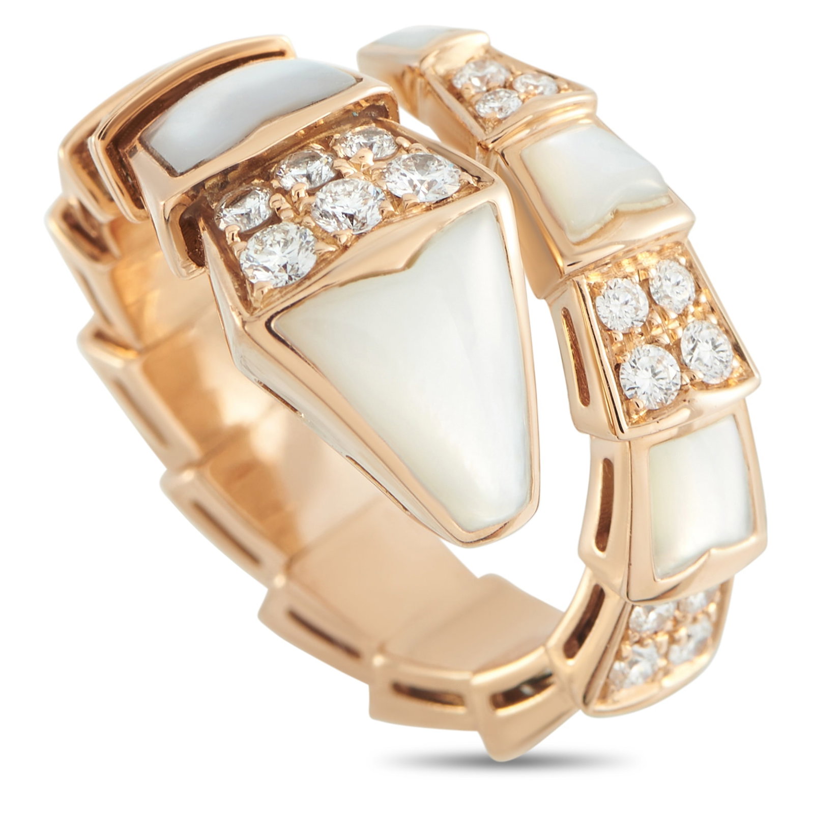 Bvlgari Serpenti Viper 18K Rose Gold Diamond and Mother of Pearl Ring: This impeccably crafted Bvlgari Serpenti Viper ring perfectly embodies the luxury brand’s iconic serpent. A piece meant to inspire strength and self-confidence in the wearer, luminous Mother of Pear
