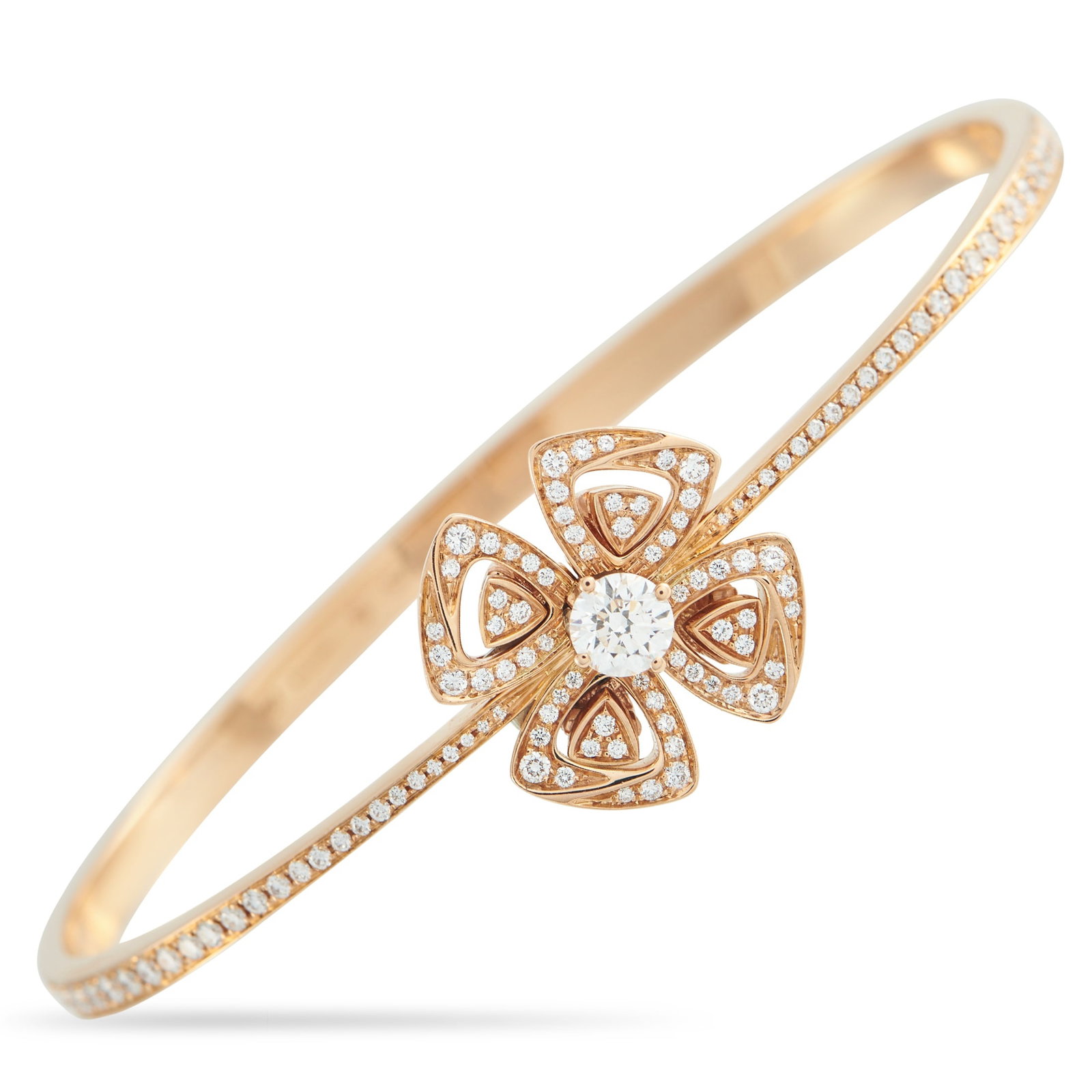 Bvlgari Fiorever 18K Rose Gold Diamond Bangle: An exquisite floral motif takes center stage on this Bvlgari Fiorever bangle bracelet. Crafted from 18K Rose Gold, inset Diamonds sparkle and shine throughout the delicate design. This Size Small brac