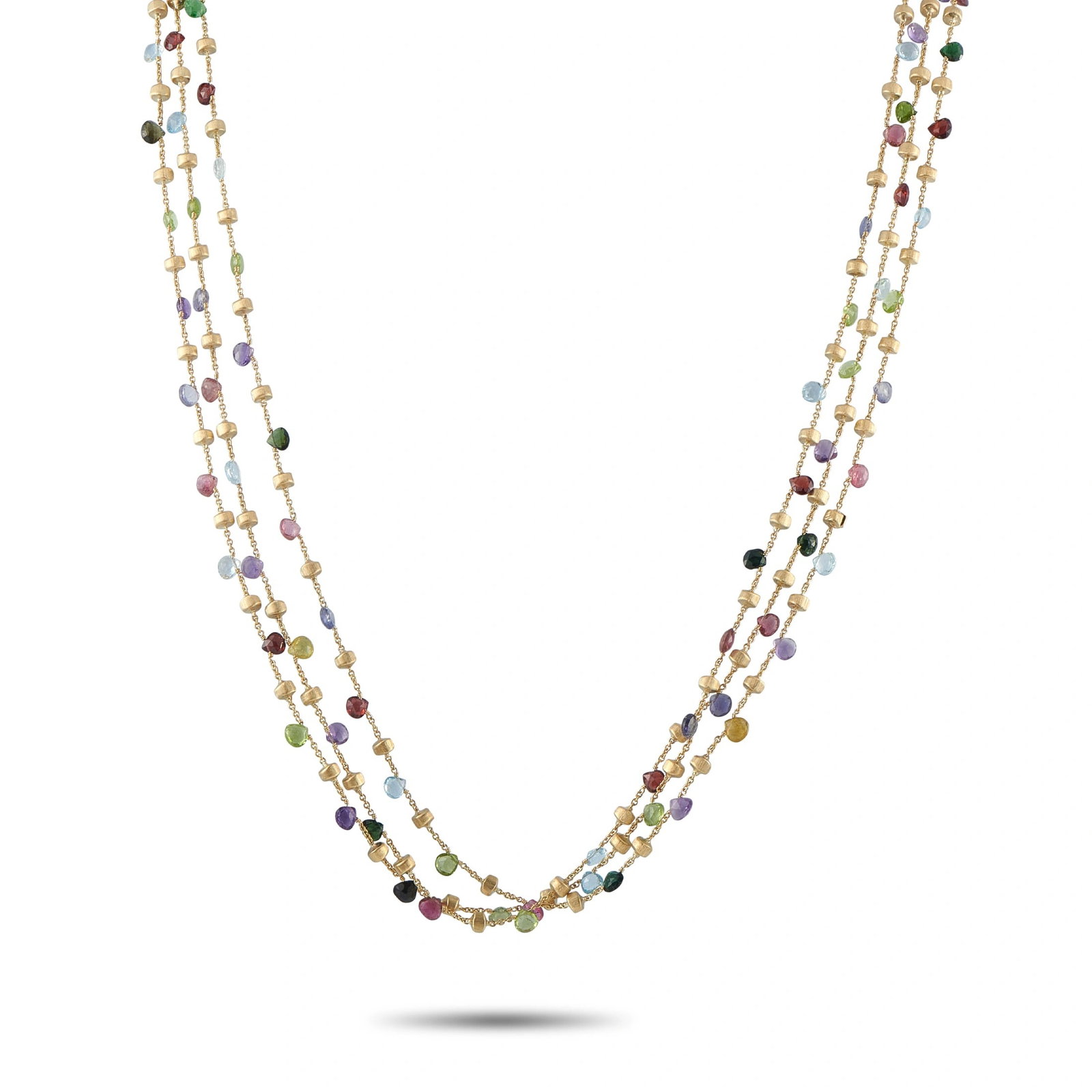 Marco Bicego 18K Yellow Gold Multi-Strand Gemstone Necklace: A flurry of multicolored gemstones make this Marco Bicego necklace a playful addition to any luxury jewelry collection. Crafted from 18K Yellow Gold, the multi-strand design adds extra drama to this e