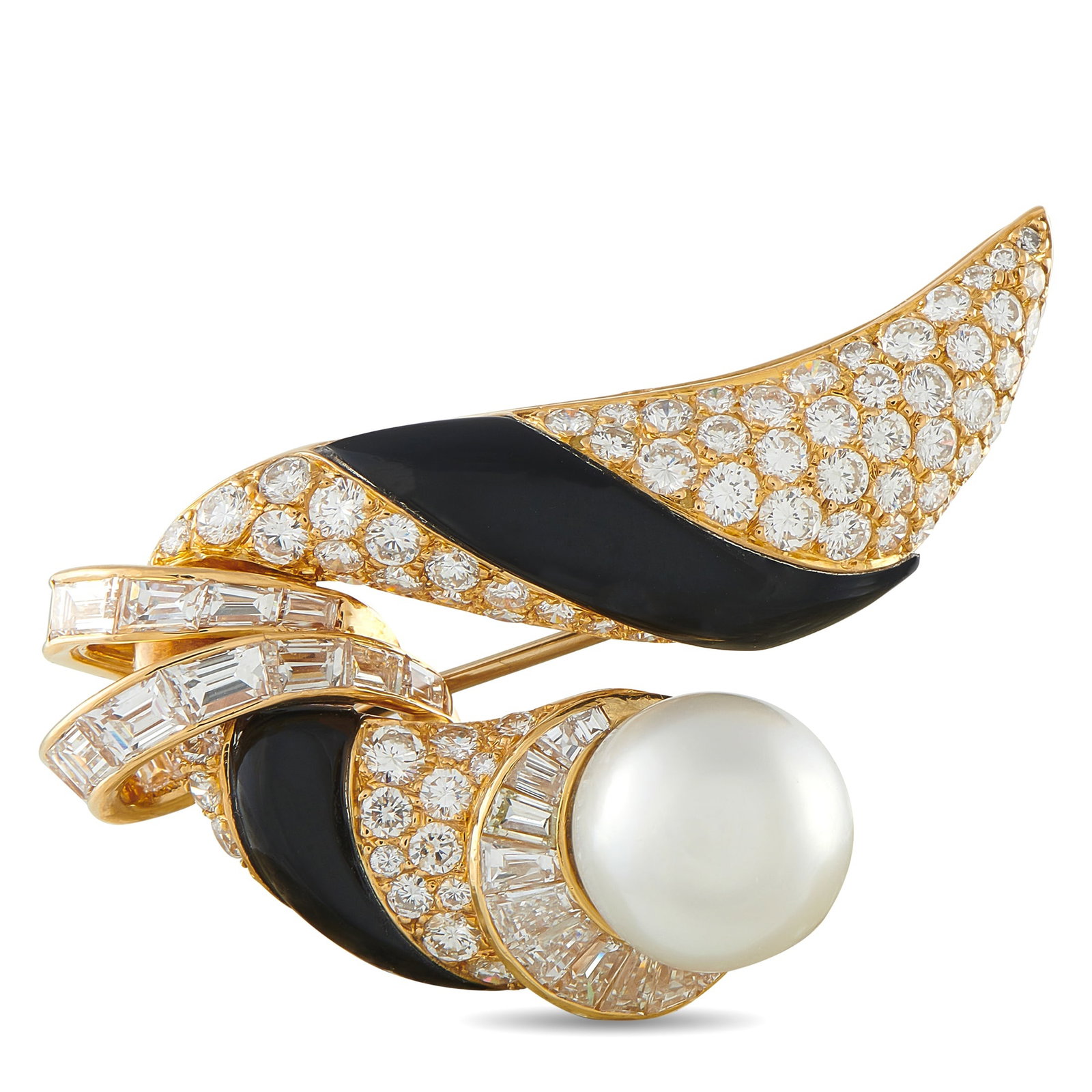 Mauboussin 18K Yellow Gold 4.50ct Diamond, Onyx, Pearl Brooch: Mauboussin has since built a reputation for defying rigid jewelry norms. In this 18K yellow gold brooch, a spiral form hosts 4.50 carats of diamonds in mixed cuts. Each diamond is secured with an open