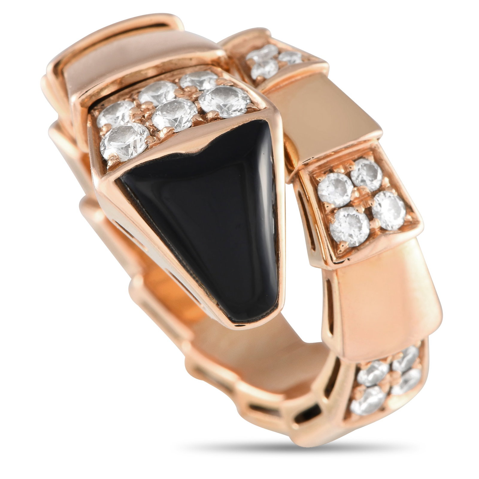 Bvlgari Serpenti Viper 18K Rose Gold Diamond and Onyx Ring: Evoking the sensuality of the snake, this Serpenti Viper ring from Bvlgari presents a statement-making style. It is forged from 18K rose gold and decorated with demi pave diamonds and a black onyx ins