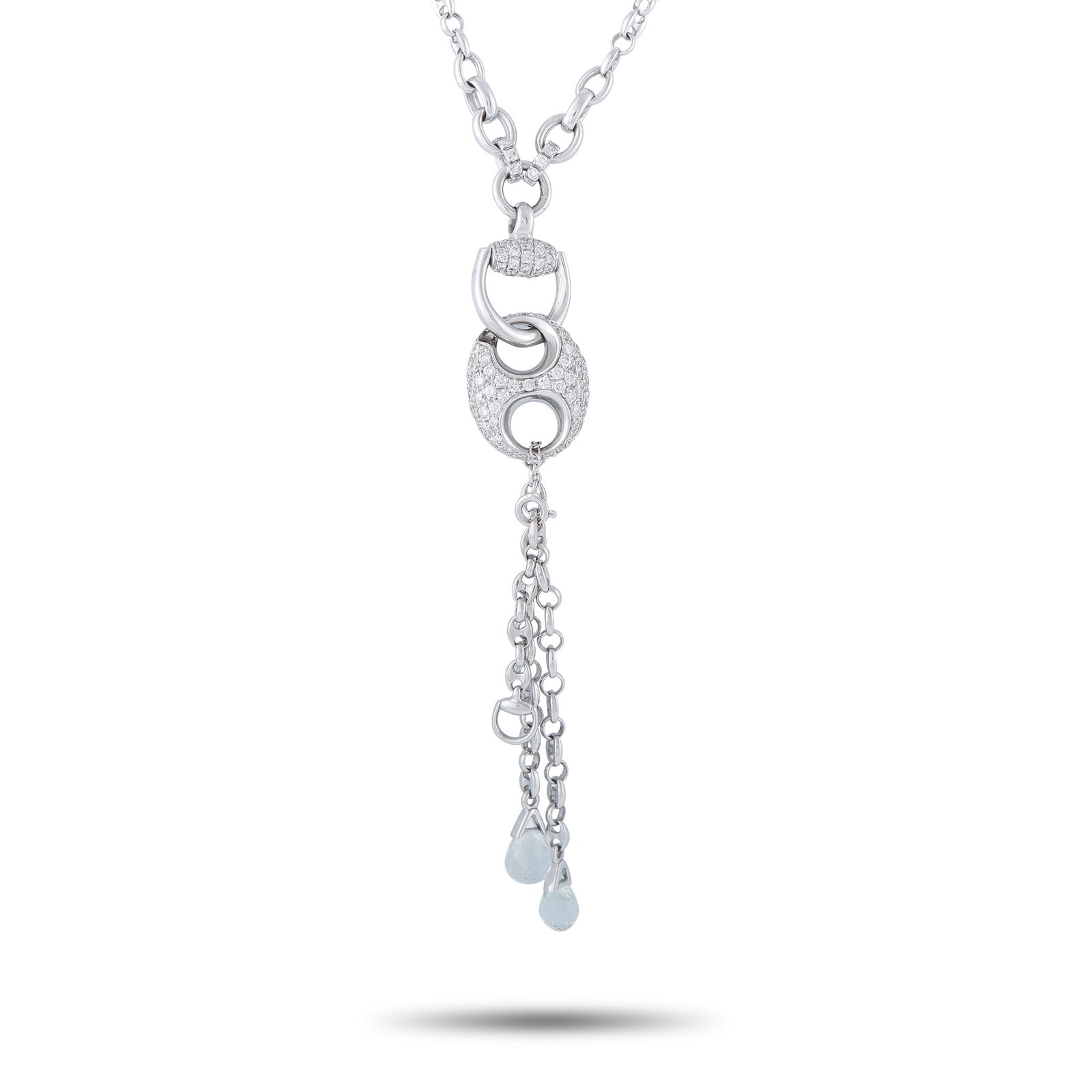 Gucci Horsebit 18K White Gold 1.50ct Diamond Necklace: This Gucci Horsebit necklace showcases the brand’s most iconic motif in a fresh, contemporary design. Crafted from 18K White Gold, Diamonds with a total weight of 1.50 carats allow the hanging penda