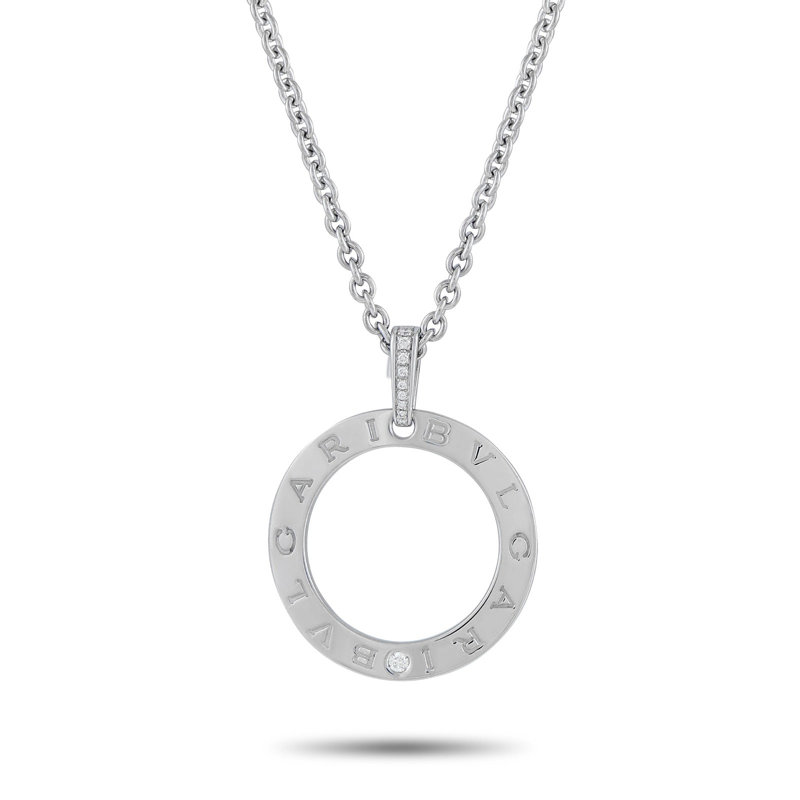 Bvlgari 18K White Gold Diamond Pendant: This Bvlgari necklace is a luxury piece that is meant to make a statement. The circular pendant comes to life thanks to sparkling Diamonds and the brand’s name engraved around the perimeter. Crafted