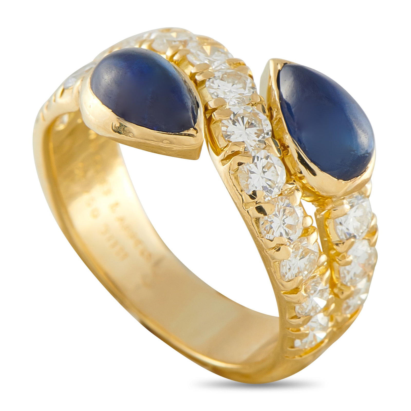 Van Cleef & Arpels Vintage 18K Yellow Gold 1.0ct Diamond and Sapphire Ring: A wrapped design makes this vintage Van Cleef & Arpels ring a unique piece that will complement any ensemble. Set in 18K Yellow Gold, Diamonds with a total weight of 1.0 carats allow this ring to posi