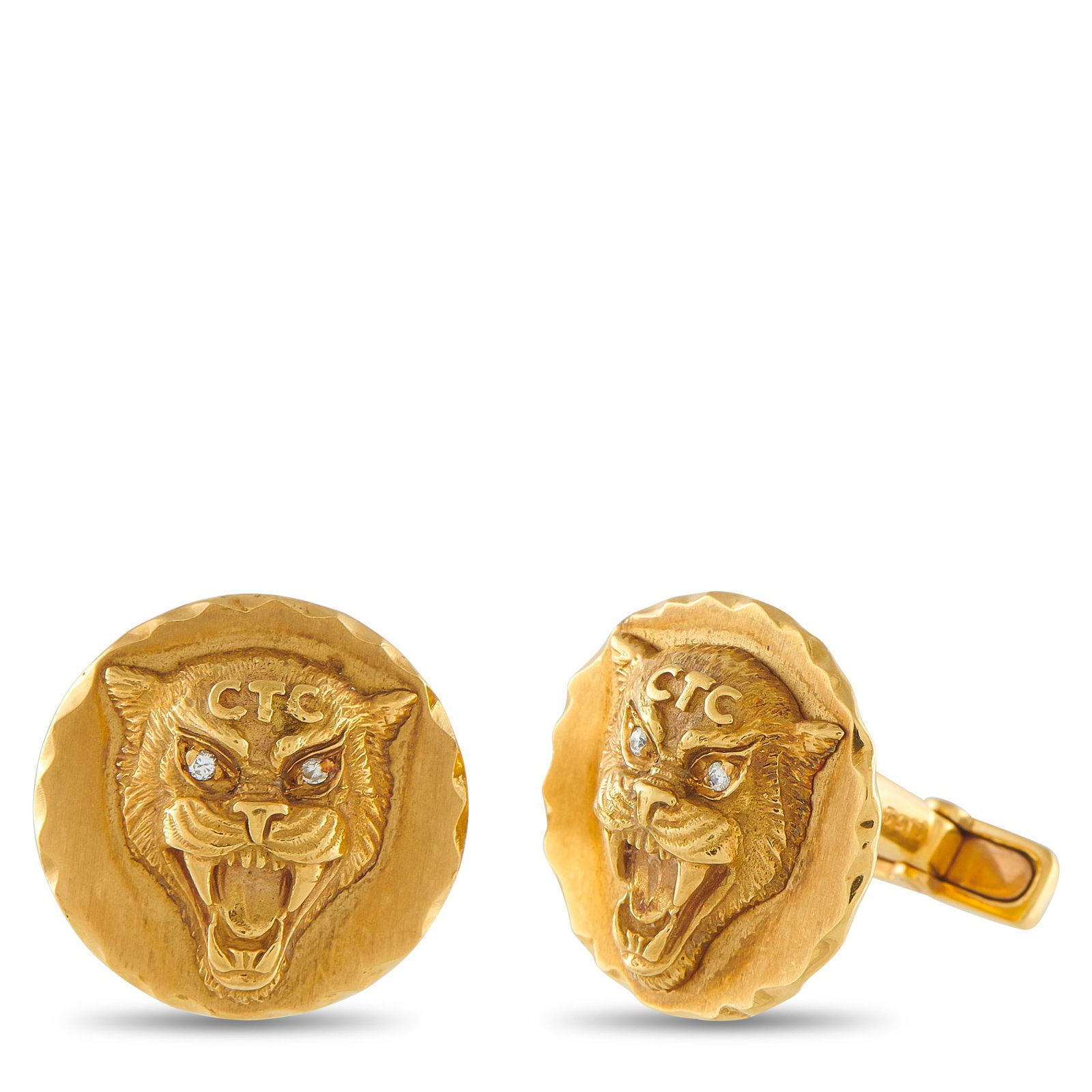 Van Cleef & Arpels Vintage 18K Yellow Gold Panther Cufflinks: These vintage Van Cleef & Arpels cufflinks a dynamic addition to any suited ensemble. Crafted from opulent 18K Yellow Gold, each one measures 0.75” round. This jewelry piece is offered in estate
