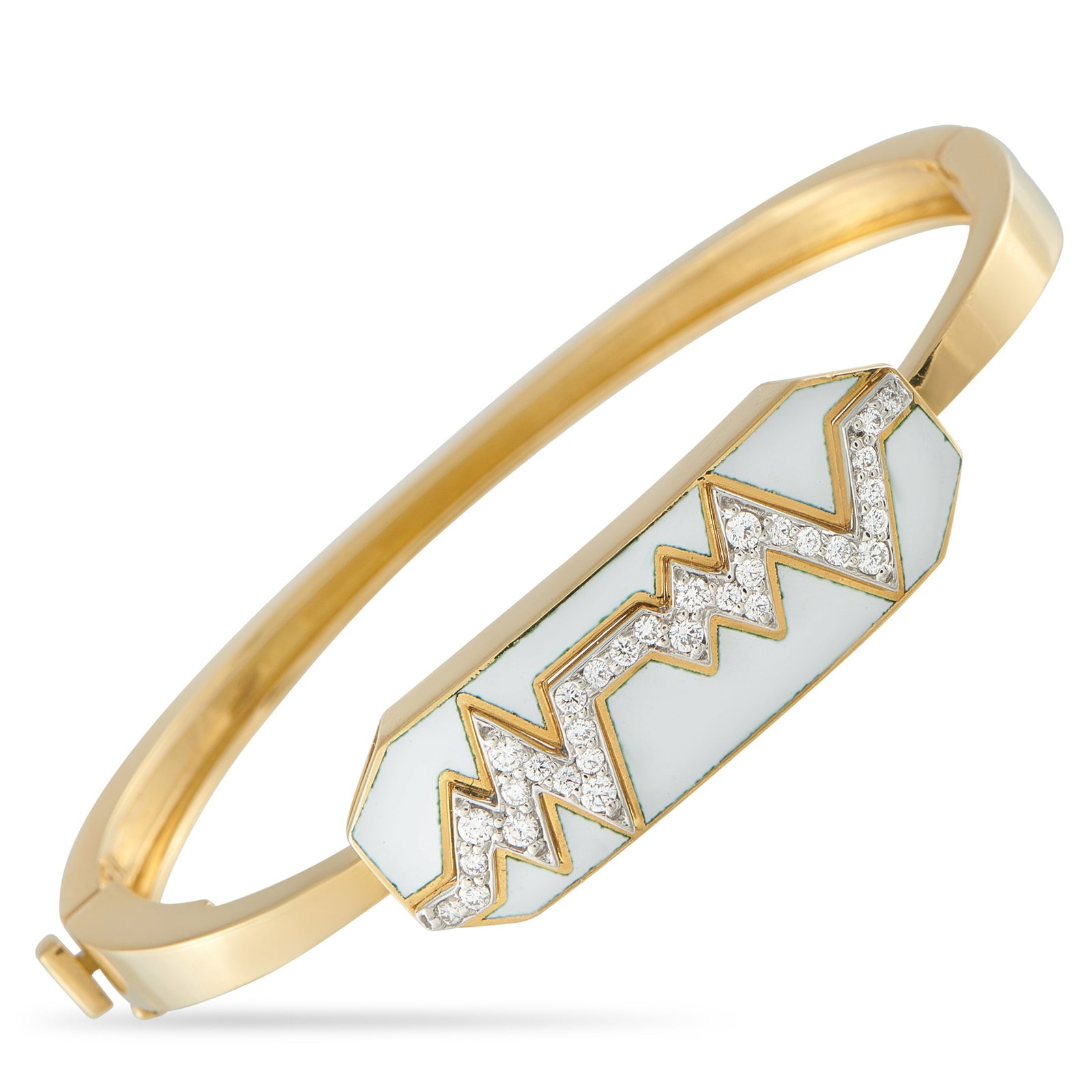David Webb 18K Yellow Gold 0.34ct Diamond and White Enamel Skip Bracelet: This David Webb Skip bracelet offers a modern way to show your love. Diamonds with a total weight of 0.34 carats set in White Enamel are arranged in a way that is meant to visually represent a heart s