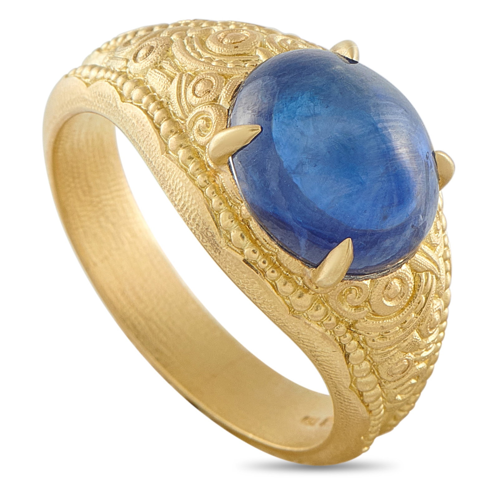 Alex Sepkus 18K Yellow Gold 4.32ct Sapphire Ring: This Alex Sepkus ring is a timeless piece that is designed to continually make a statement. The detailed 18K Yellow Gold setting provides a stunning foundation for the vibrant 4.32 carat Sapphire cabo