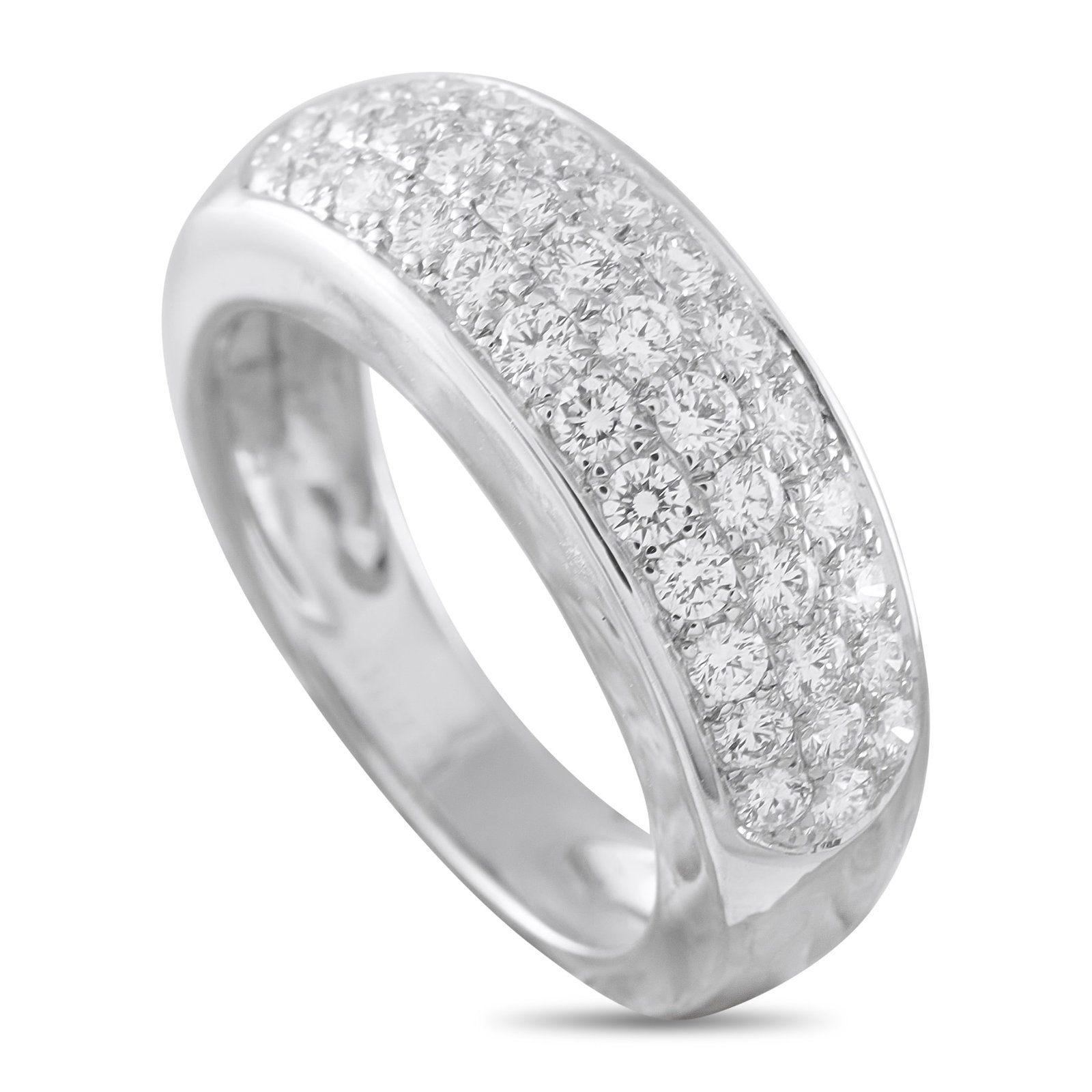 Van Cleef & Arpels 18K White Gold 0.75ct Diamond Ring: Pave Diamonds with a total weight of 0.75 carats shine brightly atop this Van Cleef & Arpels ring. Set in 18K White Gold, this minimalist design measures 3mm wide and features a 4mm top height. This j