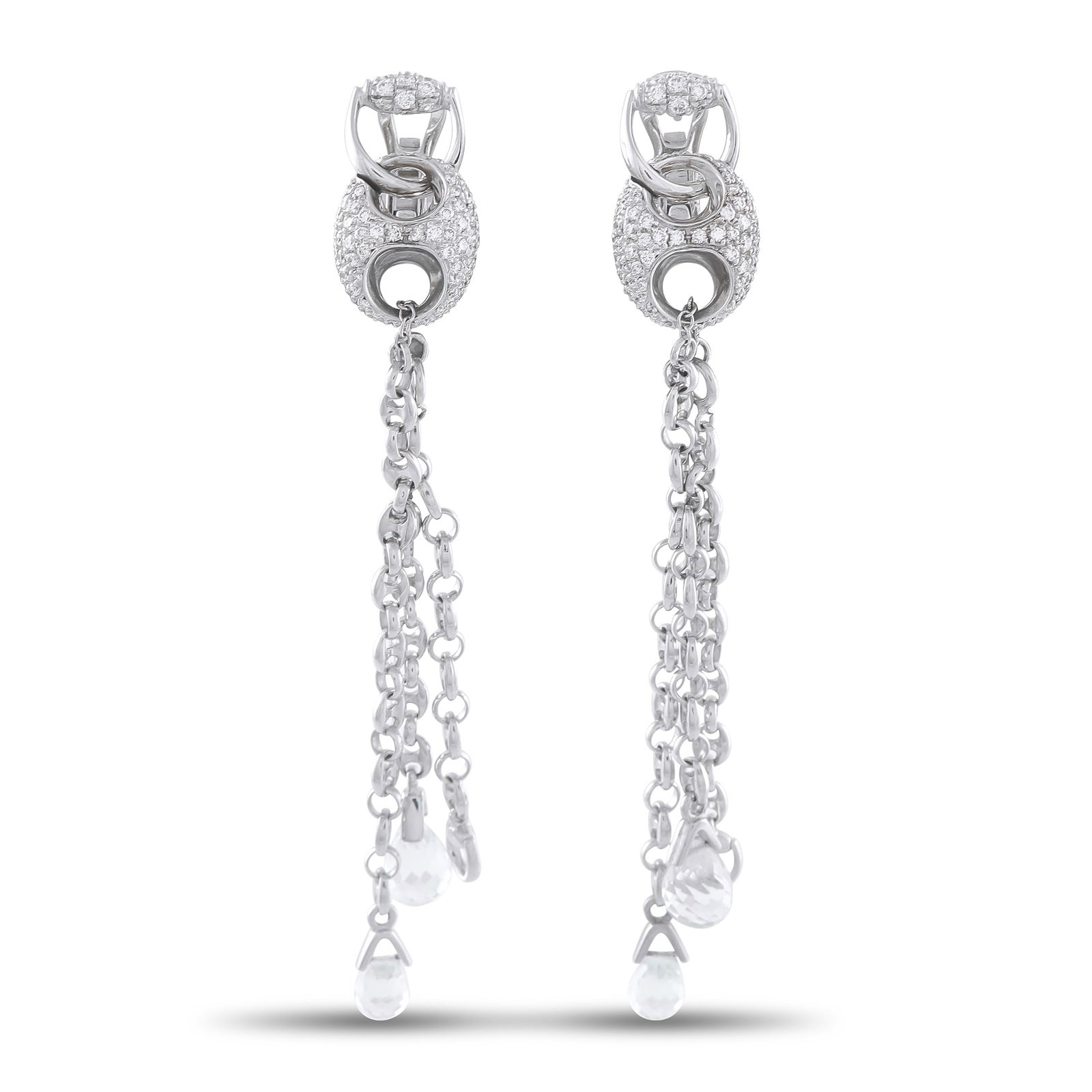 Gucci Horsebit 18K White Gold 1.20ct Diamond and White Topaz Earrings: On these Gucci Horsebit earrings, the luxury brand’s most iconic motif is expertly reimagined. Diamonds totaling 1.20 carats and dangling White Topaz gemstones allow them to effortlessly elevate any
