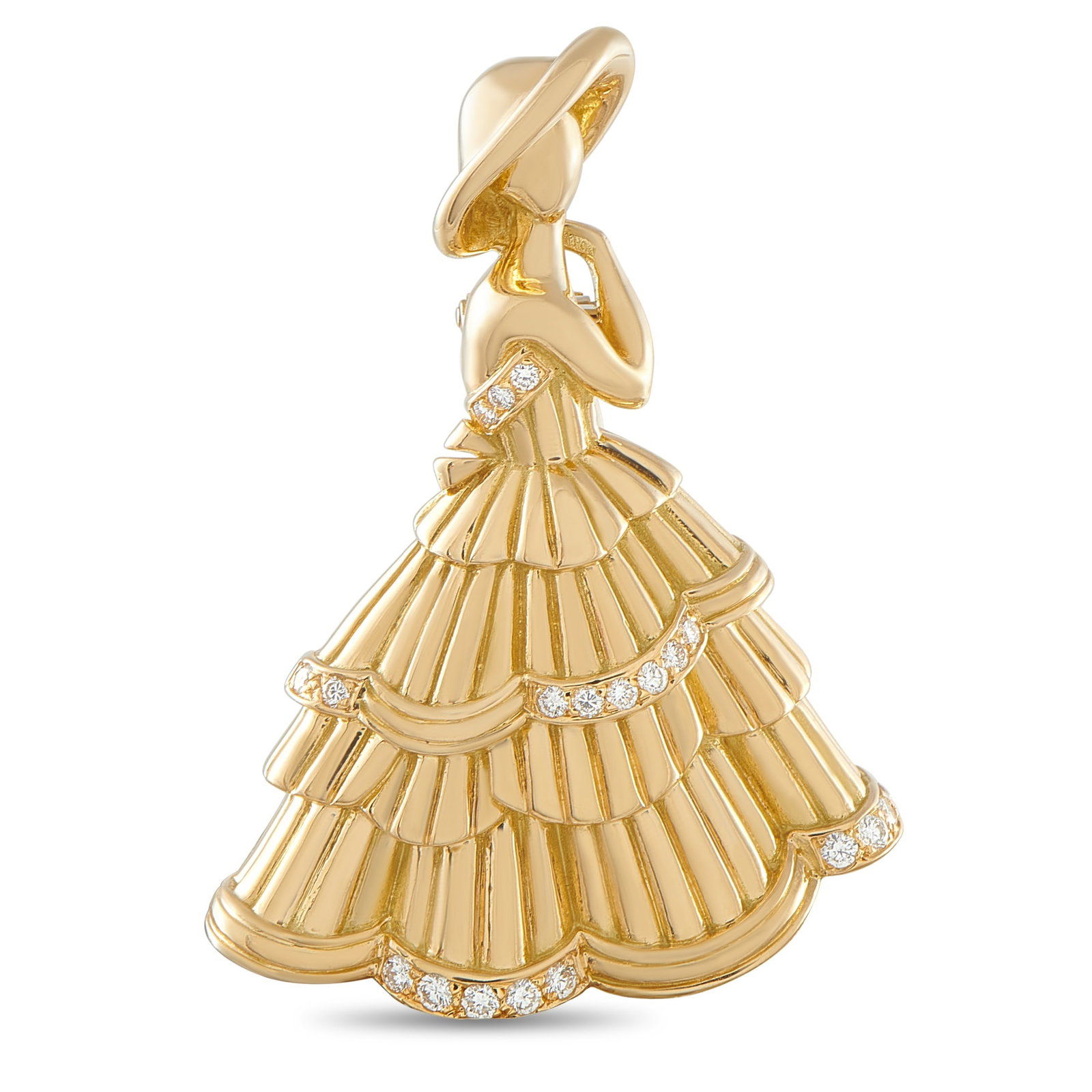 Christian Dior 18K Yellow Gold Diamond Brooch: A feminine form makes this Christian Dior brooch a whimsical addition to any ensemble. The detailed design is crafted from 18K Yellow Gold and includes sparkling Diamond accents for a touch of added l