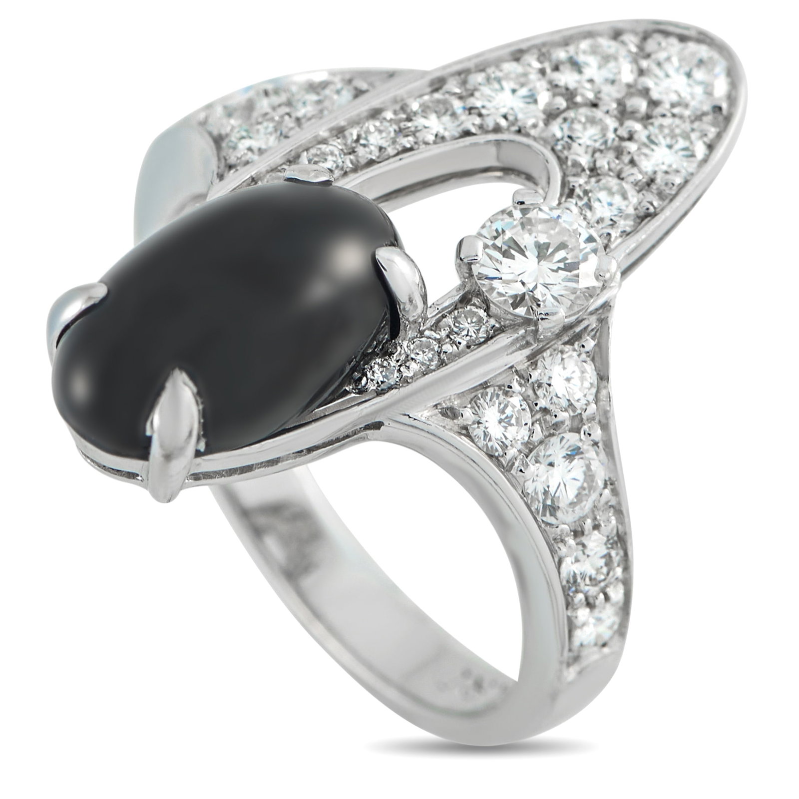 Bvlgari Elysia 18K White Gold 0.65ct Diamond and Onyx Ring: This Bvlgari Elysia ring will always make a subtle statement. An Onyx gemstone elevates the contemporary 18K White Gold setting, which shines to life thanks to sparkling Diamonds totaling 0.65 carats.