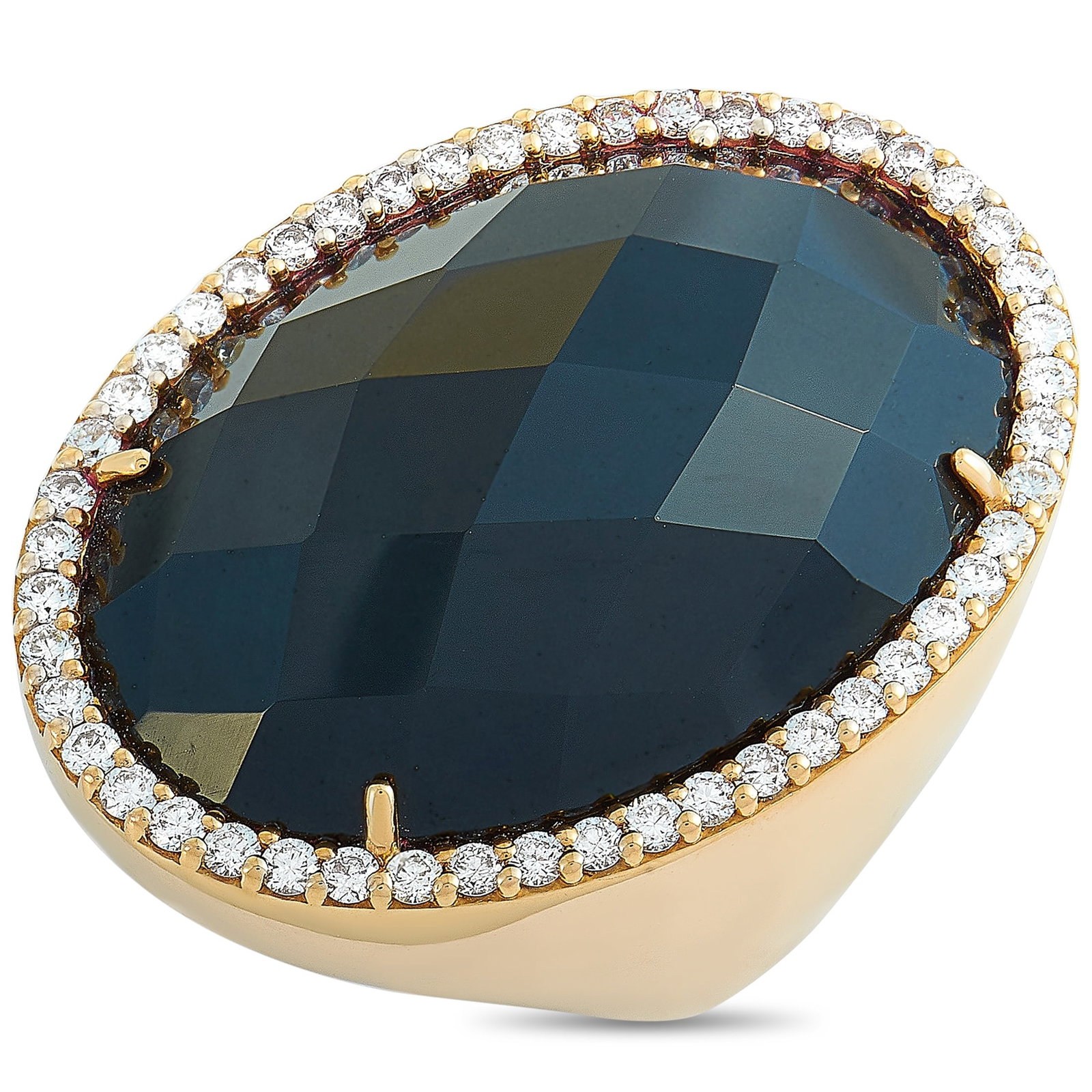 Roberto Coin 18K Rose Gold Diamond and Onyx Ring: The Roberto Coin “Cocktail” ring is crafted from 18K rose gold and set with an onyx and a total of 0.90 carats of diamonds. The ring weighs 24.3 grams, boasting band thickness of 4 mm and top 