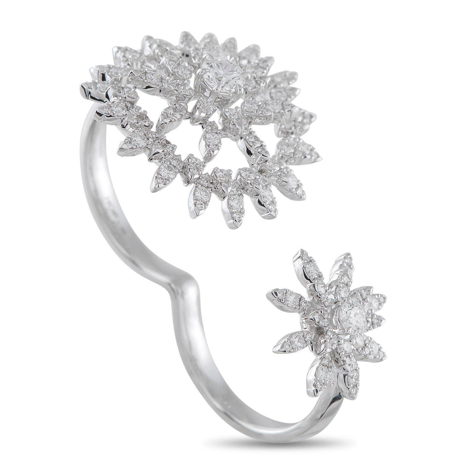 Hearts ON Fire Aerial 18K White Gold 1.40ct Diamond Sunburst Double Finger Ring: This chic, contemporary Hearts on Fire Aerial Sunburst Double Finger ring is designed to make a statement. Exquisite sun-shaped motifs elevate the dramatic 18K White Gold setting, which wraps around t