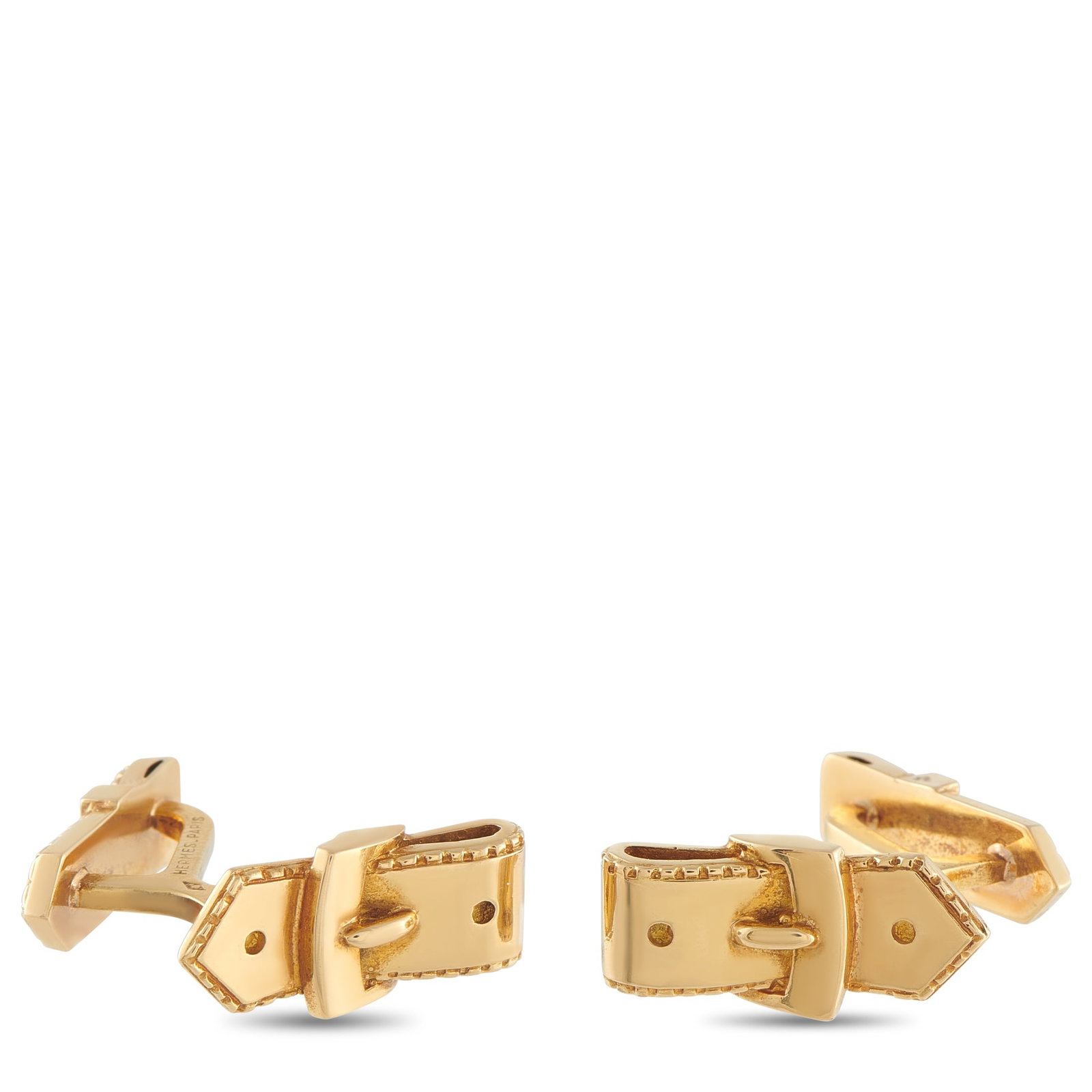 Hermes 18K Yellow Gold Belt Buckle Cufflinks: A brand known for its leather goods, these charming Hermes cufflinks offer an instantly recognizable belt buckle design. Crafted from 18K Yellow Gold, each one measures 0.38” long by 0.82”