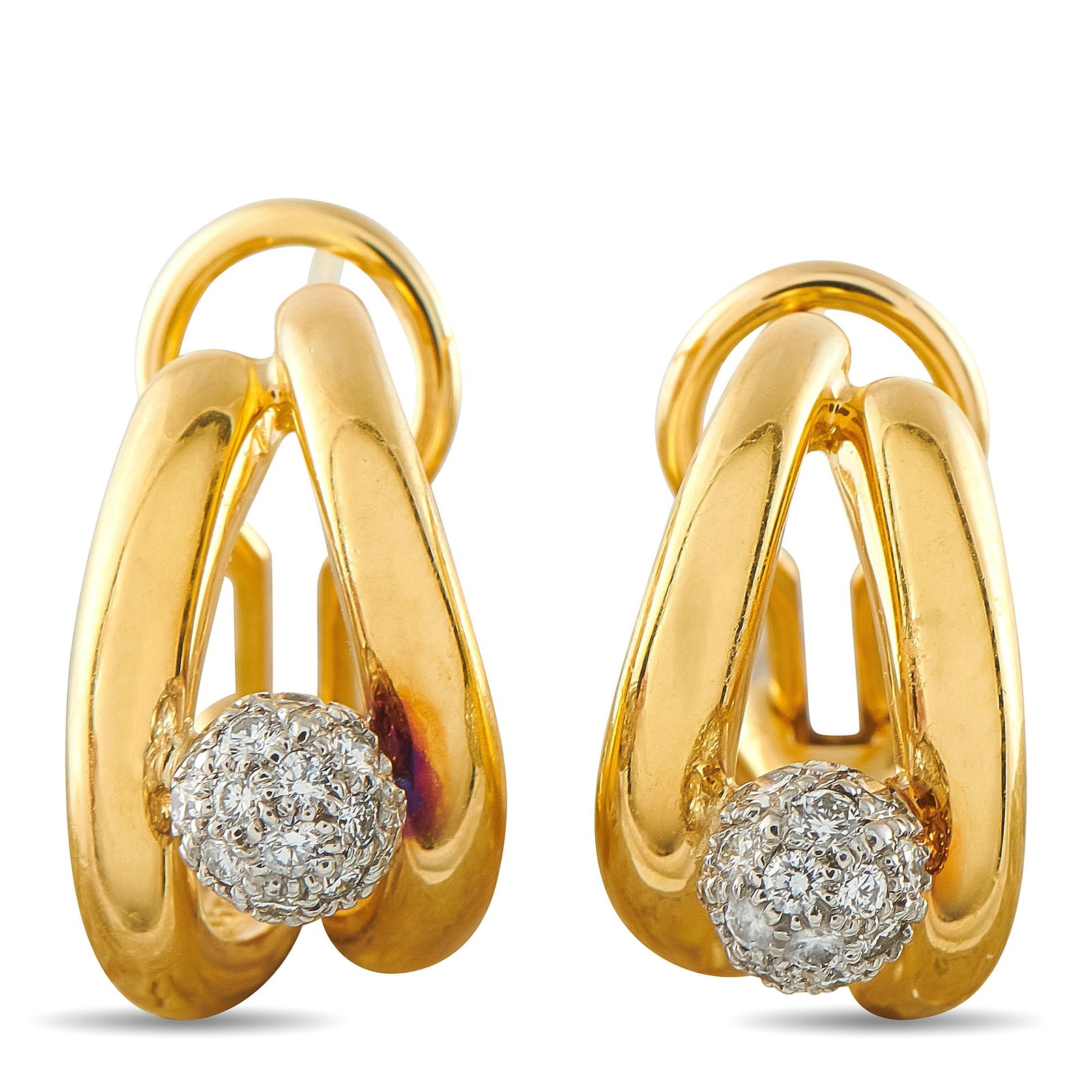 Tiffany & CO. 18K Yellow Gold 0.40ct Diamond Earrings: These Tiffany & Co. earrings will never go out of style. At the center of the curved 18K Yellow Gold settings, orbs covered in sparkling Diamonds totaling 0.40 carats effortlessly catch the light. Eac