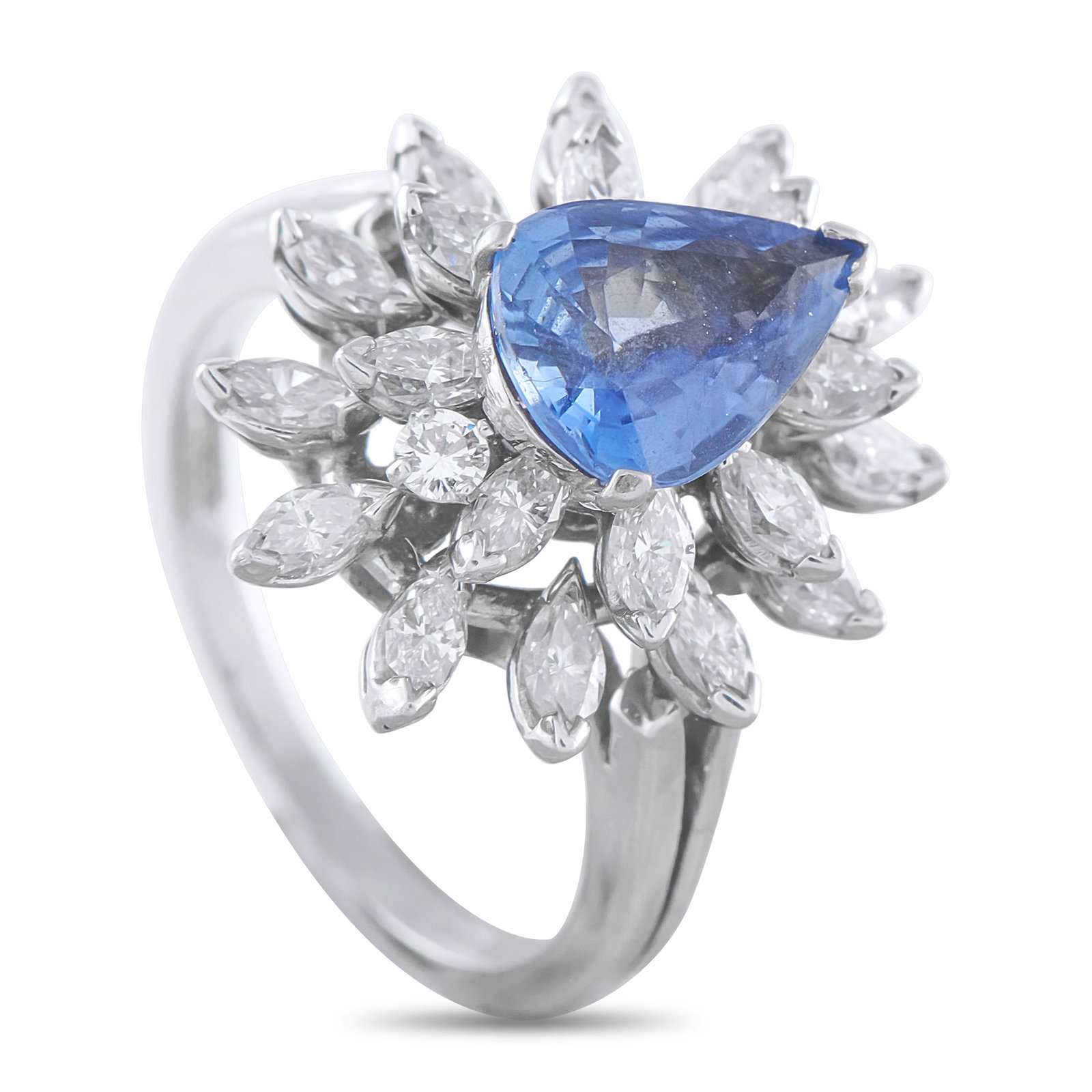 Tiffany & CO. Platinum 1.35ct Diamond and Sapphire Ring: A 1.09 carat pear-shaped Sapphire makes a statement at the center of this exquisite Tiffany & Co. ring. Sparkling Diamonds with a total weight of 1.35 carats surround the center stone for an added tou