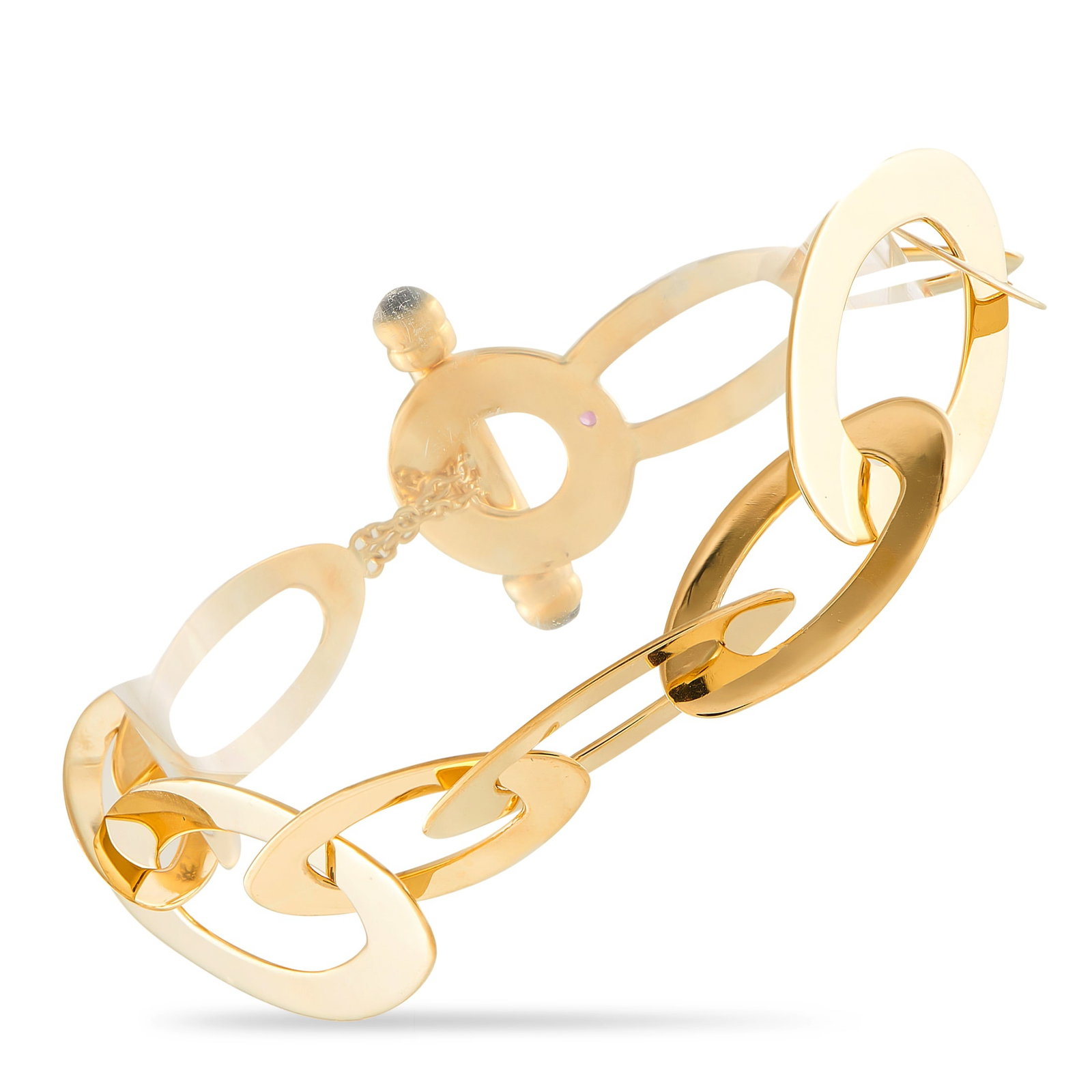Roberto Coin Chic and Shine 18K Yellow Gold Link Bracelet: This Roberto Coin Chic and Shine bracelet is elegant and understated. Crafted from 18K Yellow Gold, a series of oblong links give it a distinctly contemporary design. Colorful stones add a subtle pop 